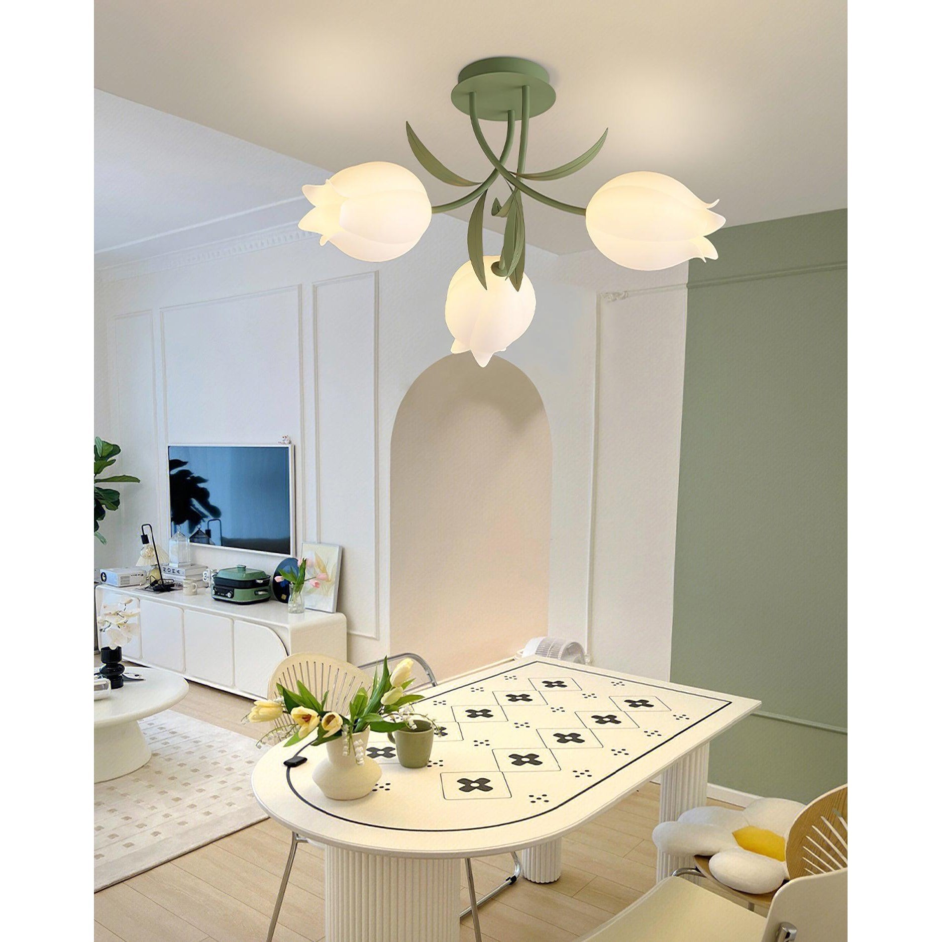 Floral Ceiling Lamp with Cream-White Lily Shades – Iron Frame