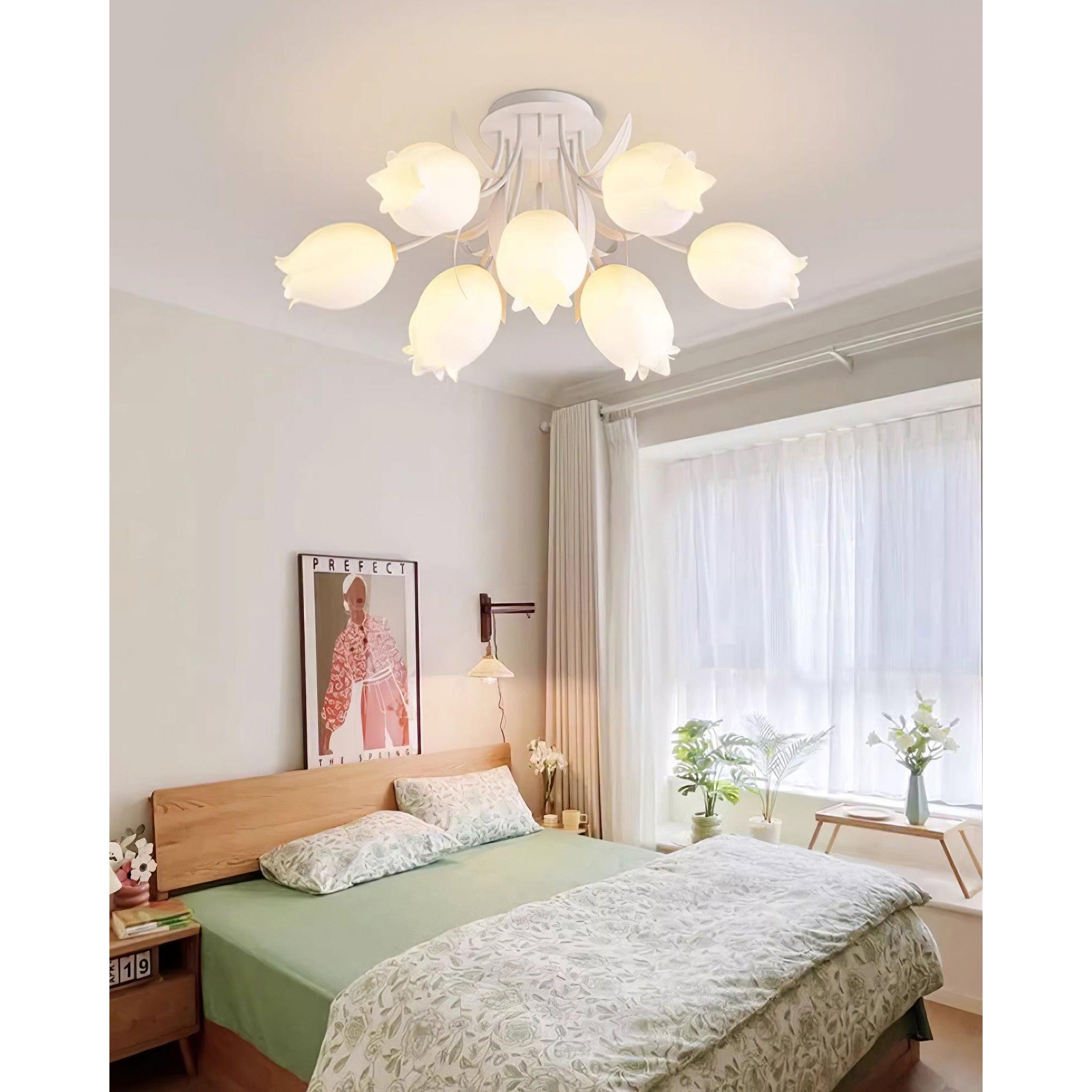 Floral Ceiling Lamp with Cream-White Lily Shades – Iron Frame