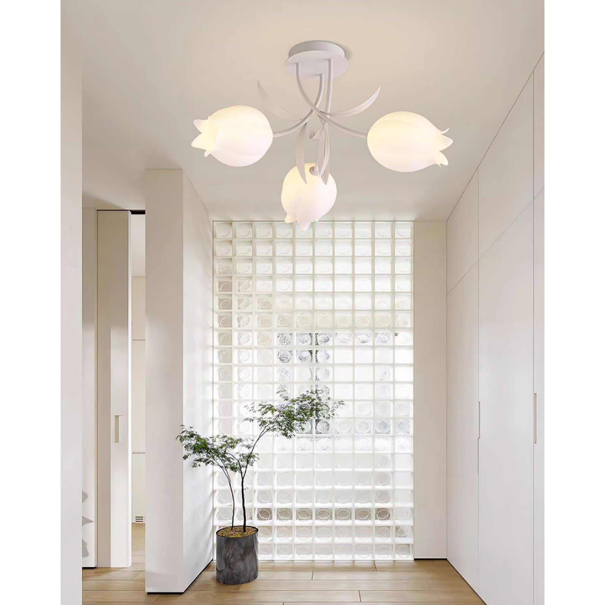 Floral Ceiling Lamp with Cream-White Lily Shades – Iron Frame