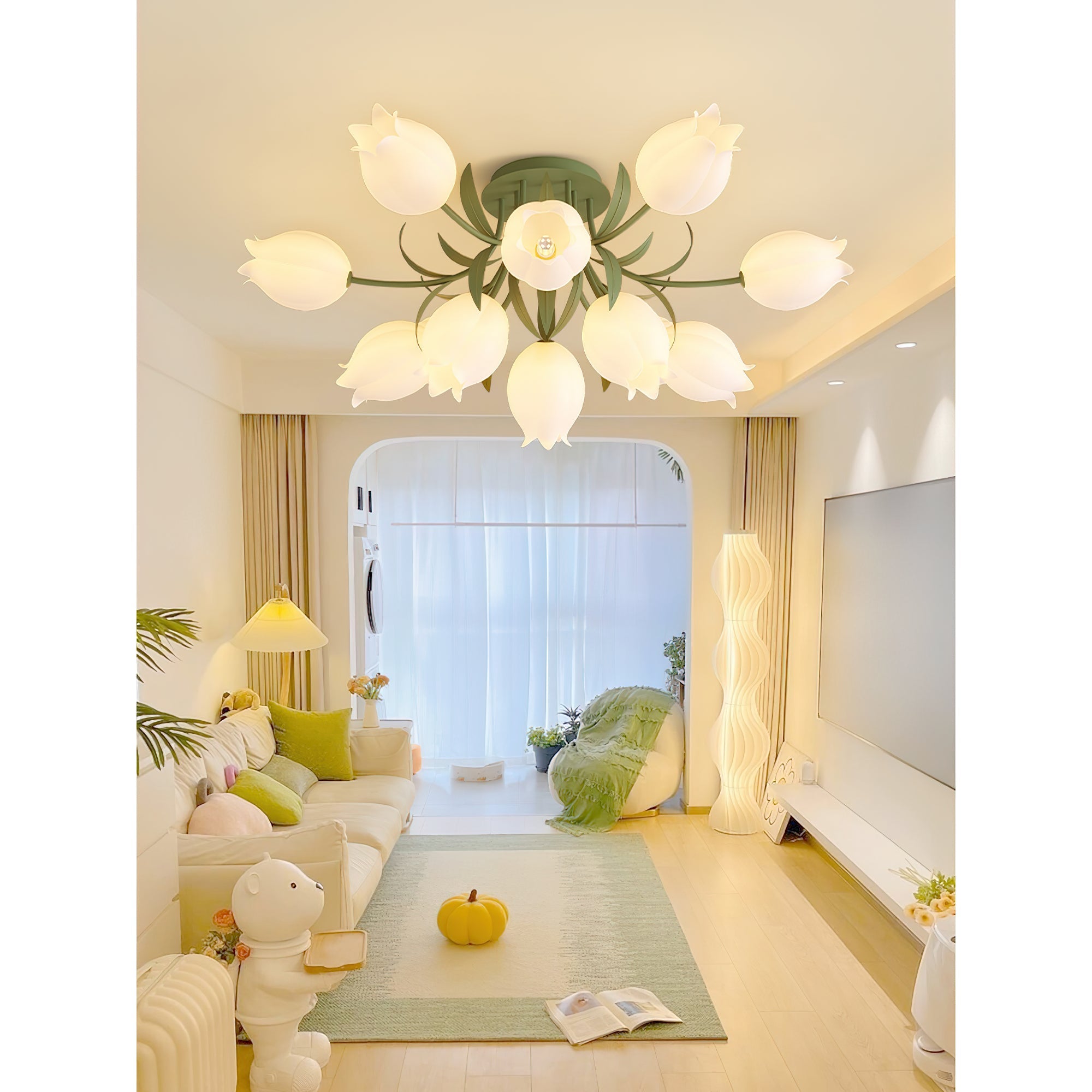 Floral Ceiling Lamp with Cream-White Lily Shades – Iron Frame