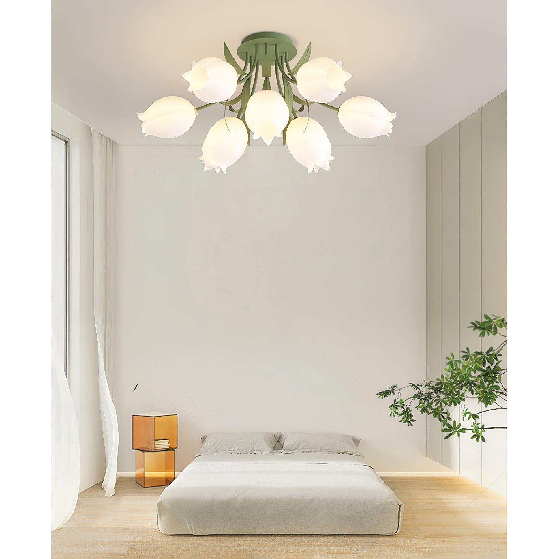 Floral Ceiling Lamp with Cream-White Lily Shades – Iron Frame