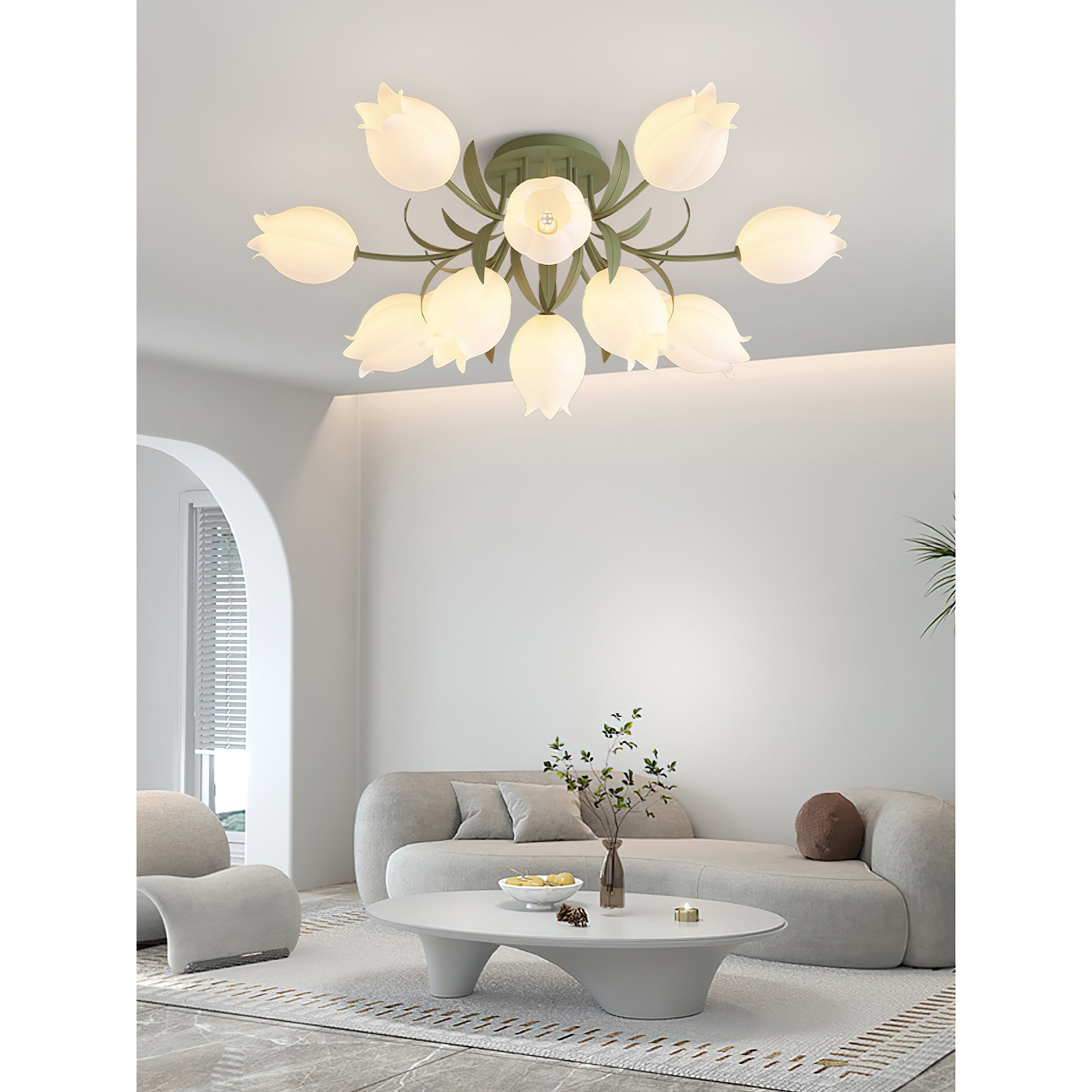 Floral Ceiling Lamp with Cream-White Lily Shades – Iron Frame
