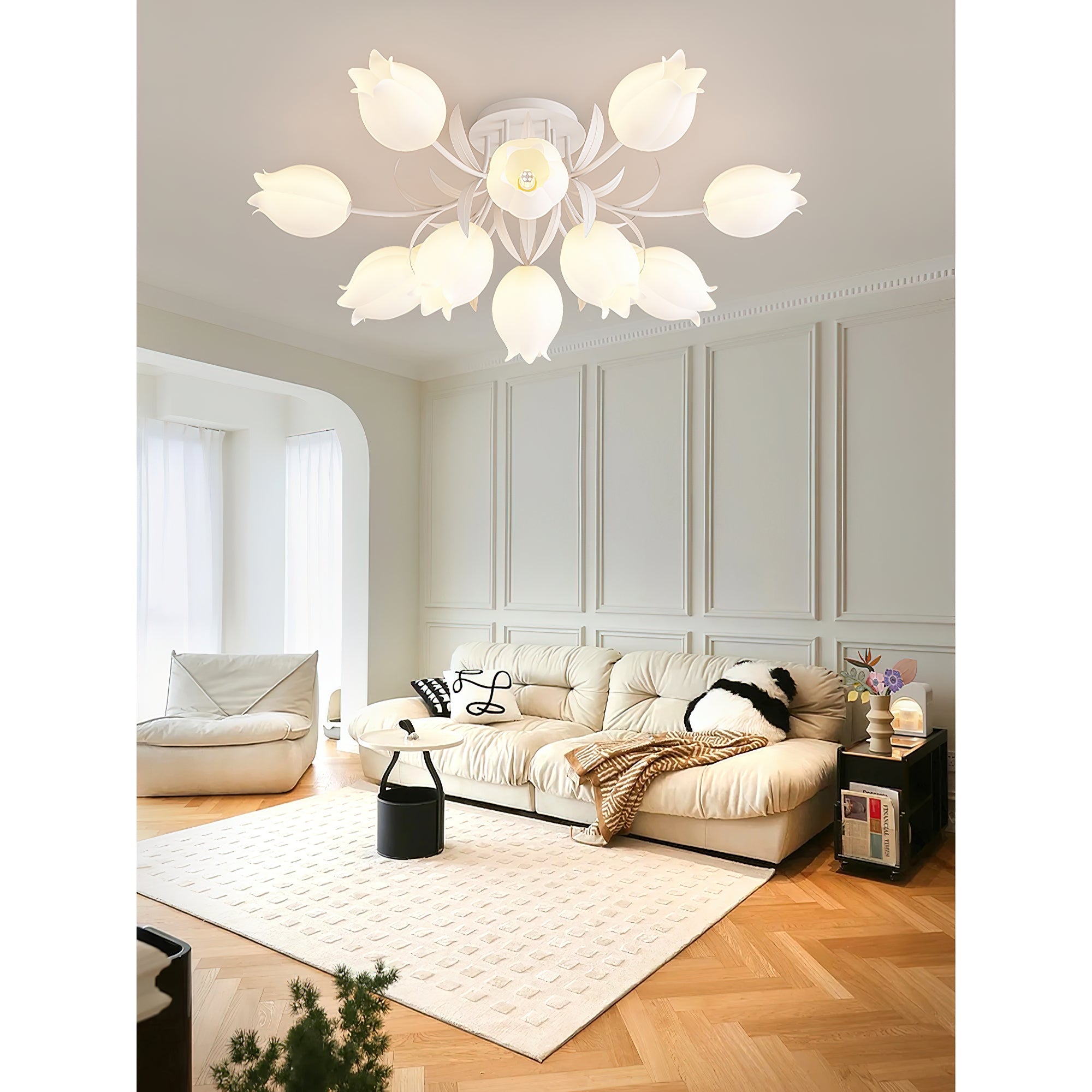 Floral Ceiling Lamp with Cream-White Lily Shades – Iron Frame