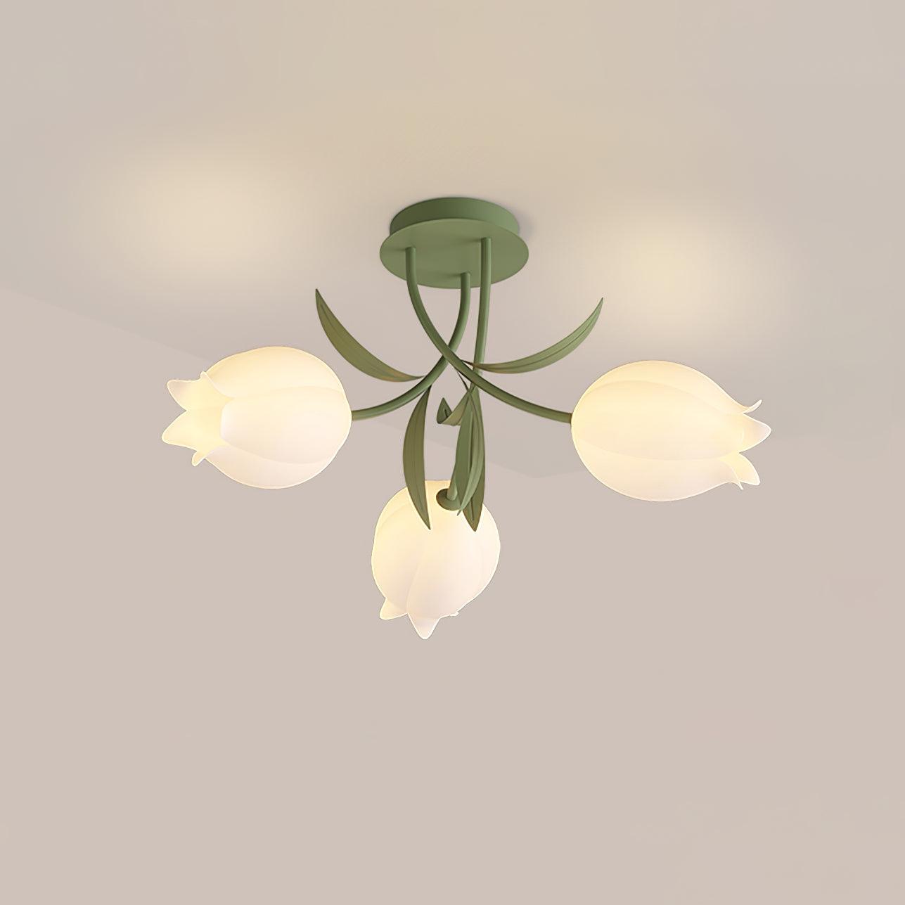 Floral Ceiling Lamp with Cream-White Lily Shades – Iron Frame