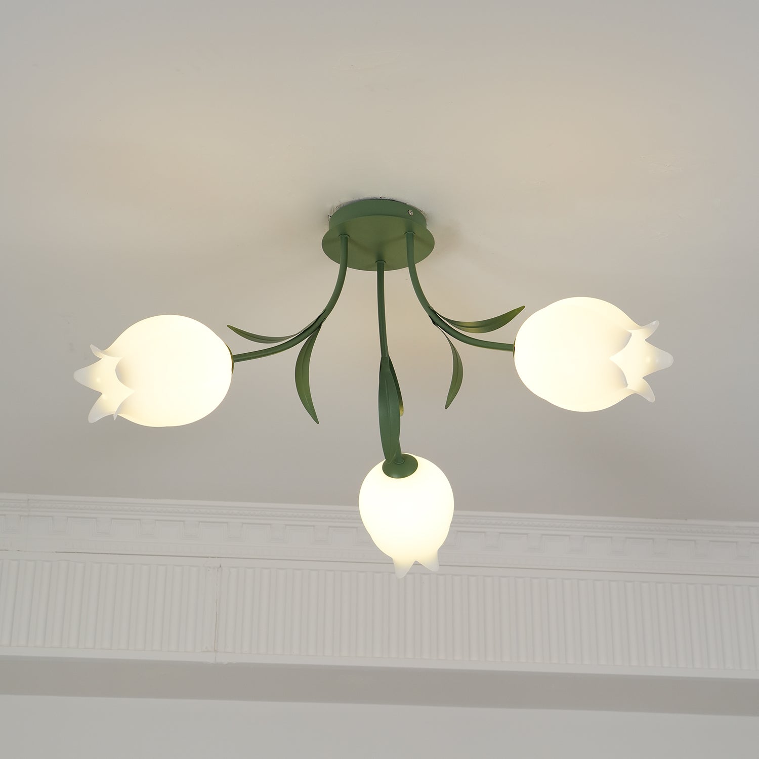 Floral Ceiling Lamp with Cream-White Lily Shades – Iron Frame