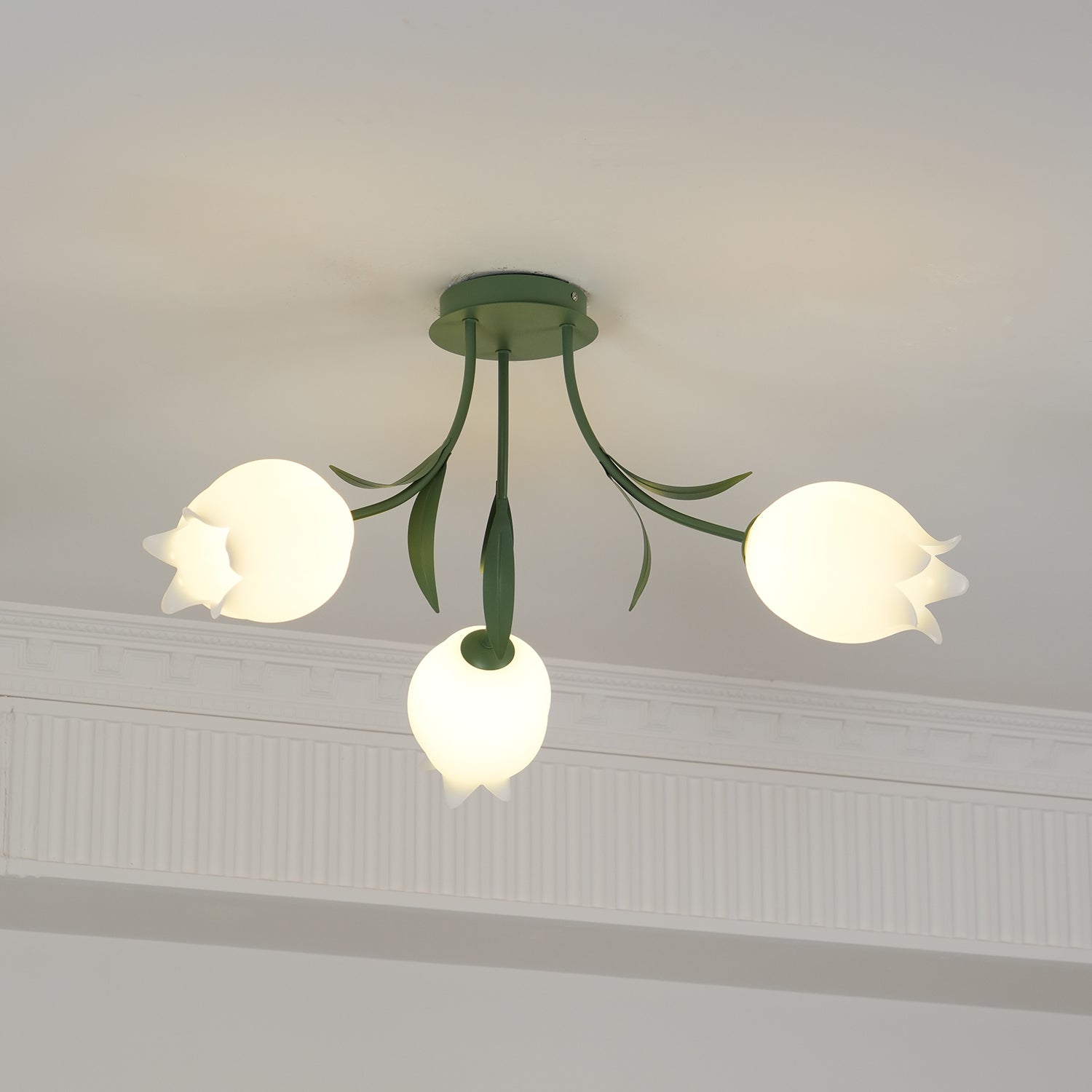 Floral Ceiling Lamp with Cream-White Lily Shades – Iron Frame