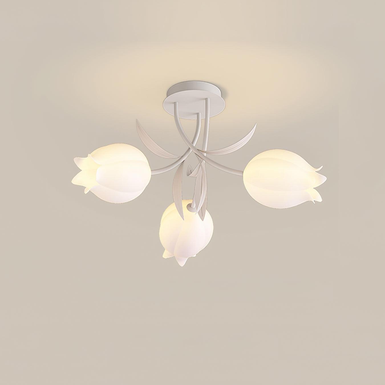 Floral Ceiling Lamp with Cream-White Lily Shades – Iron Frame