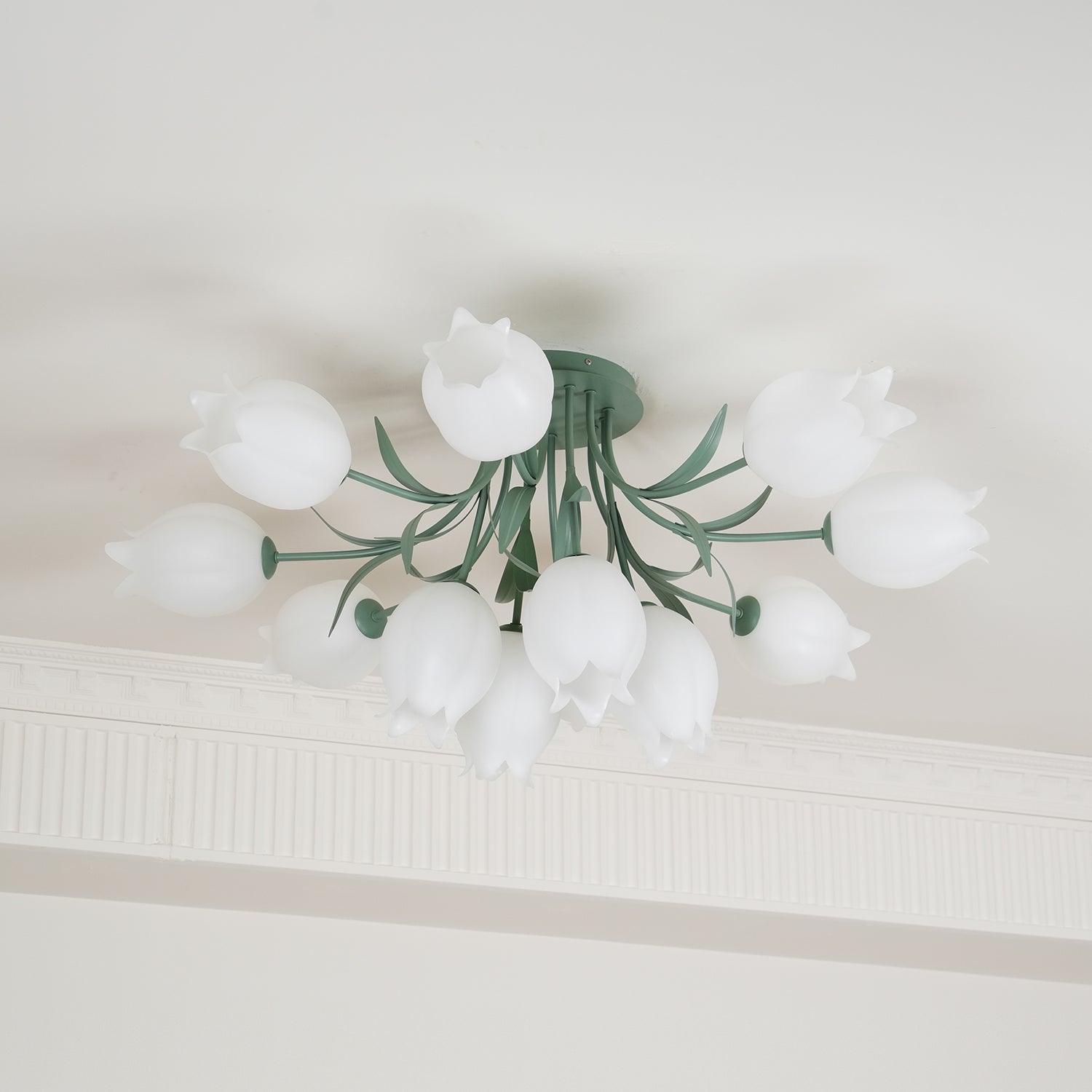 Floral Ceiling Lamp with Cream-White Lily Shades – Iron Frame