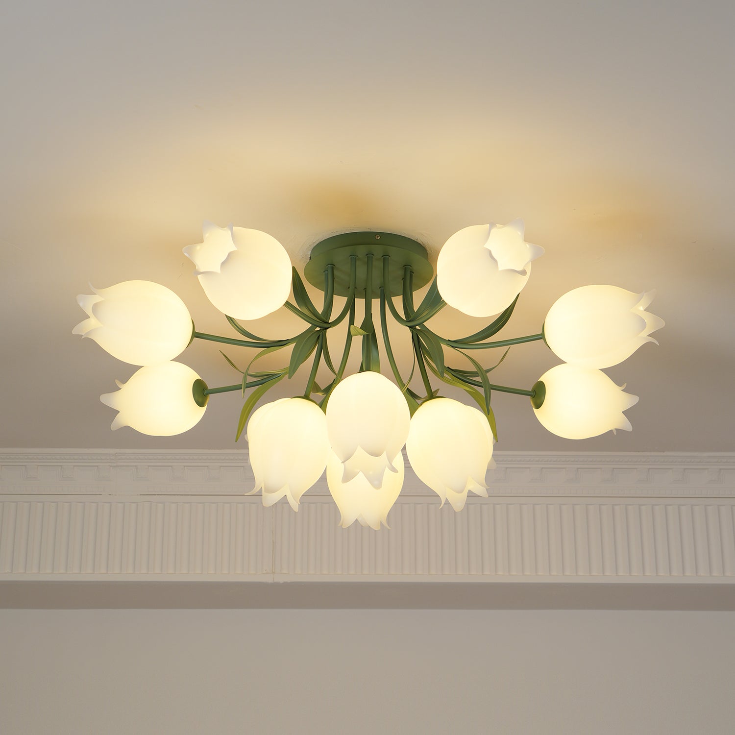 Floral Ceiling Lamp with Cream-White Lily Shades – Iron Frame