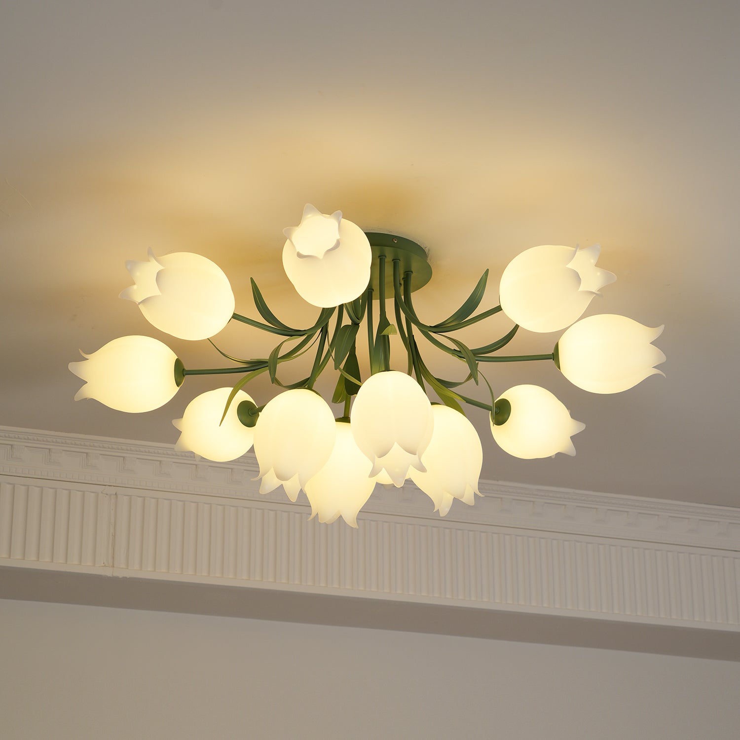Floral Ceiling Lamp with Cream-White Lily Shades – Iron Frame