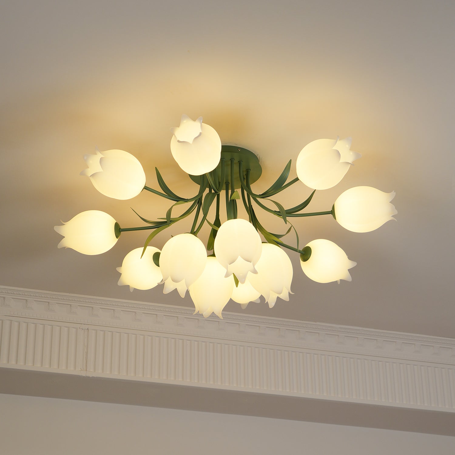 Floral Ceiling Lamp with Cream-White Lily Shades – Iron Frame