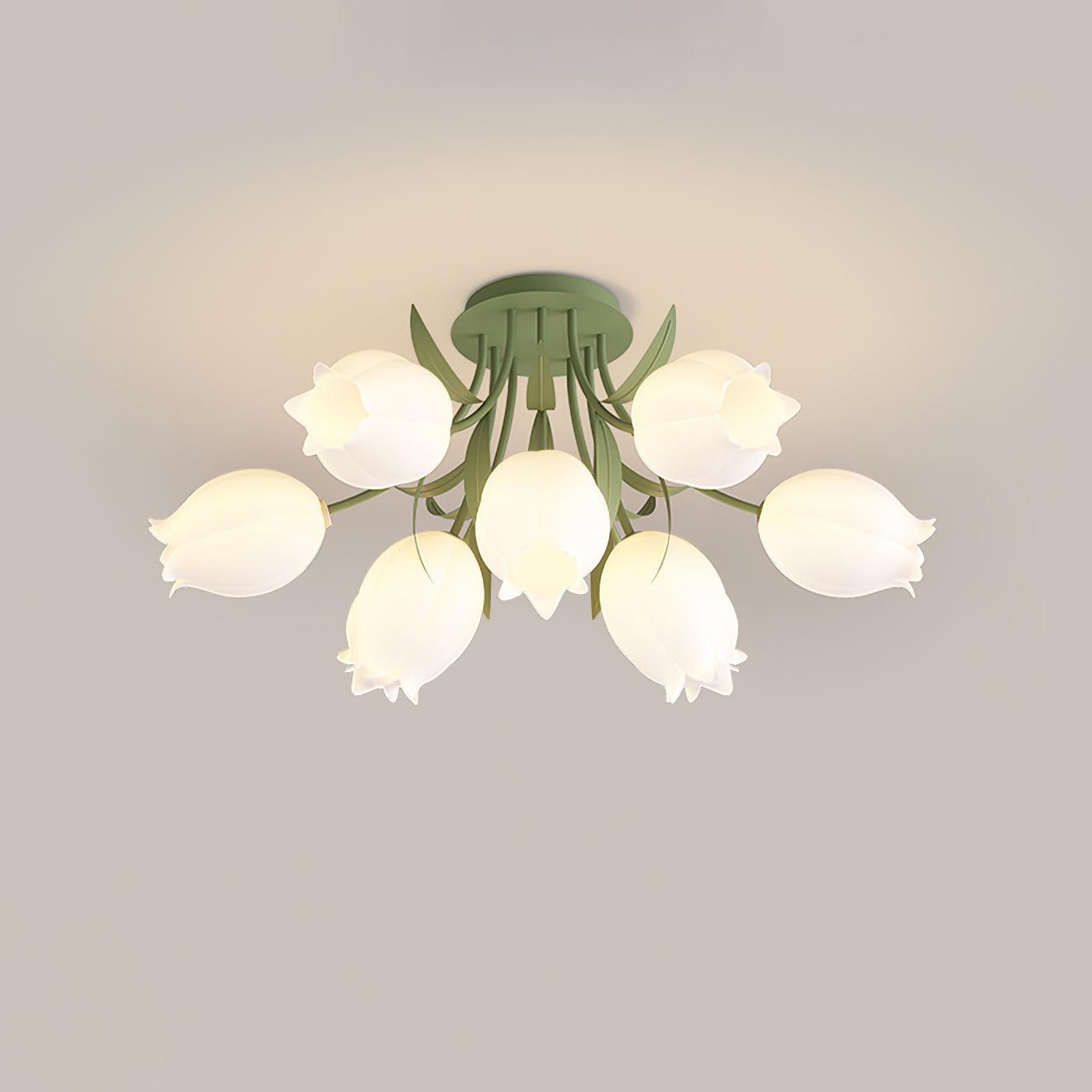 Floral Ceiling Lamp with Cream-White Lily Shades – Iron Frame