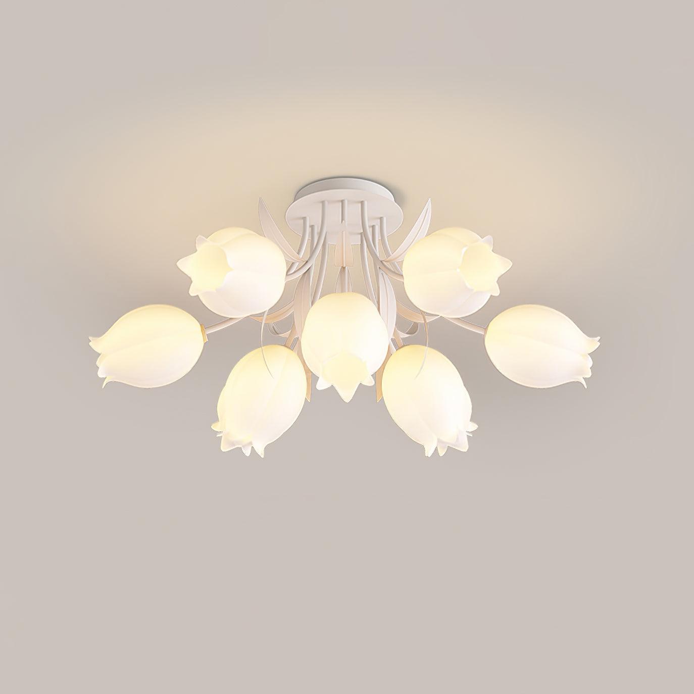 Floral Ceiling Lamp with Cream-White Lily Shades – Iron Frame