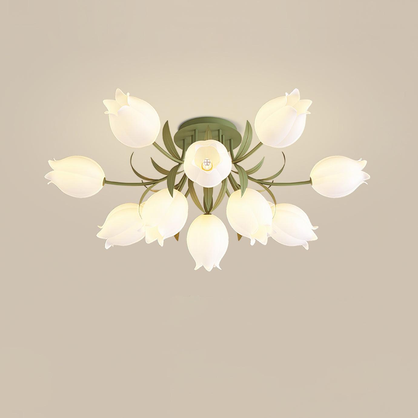 Floral Ceiling Lamp with Cream-White Lily Shades – Iron Frame
