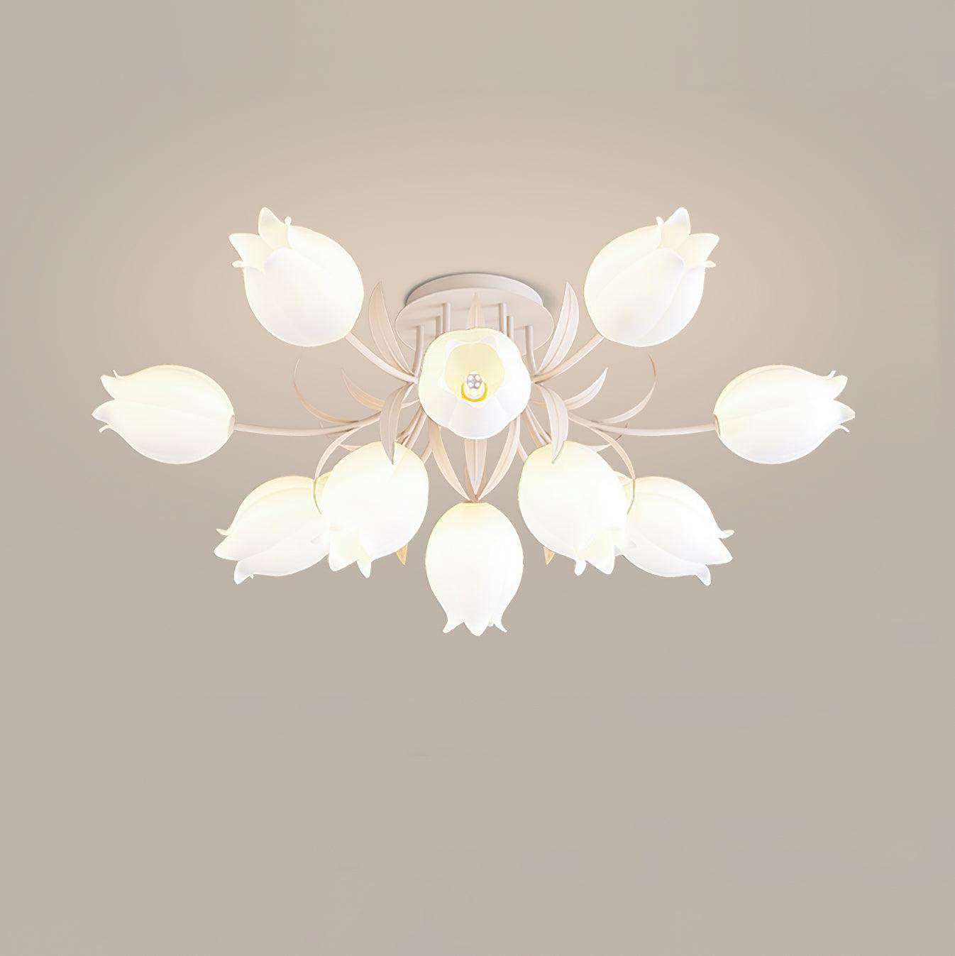 Floral Ceiling Lamp with Cream-White Lily Shades – Iron Frame