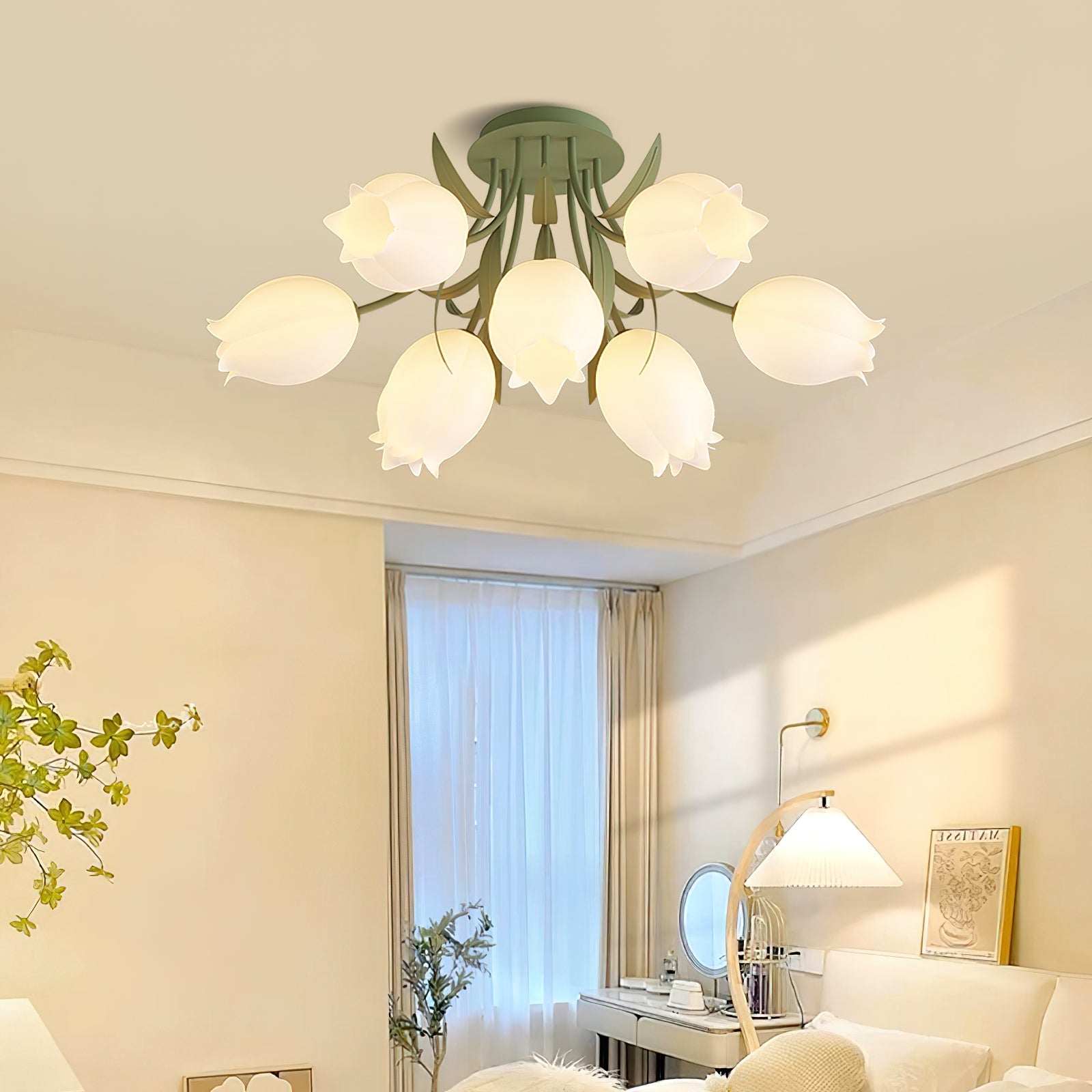 Floral Ceiling Lamp with Cream-White Lily Shades – Iron Frame