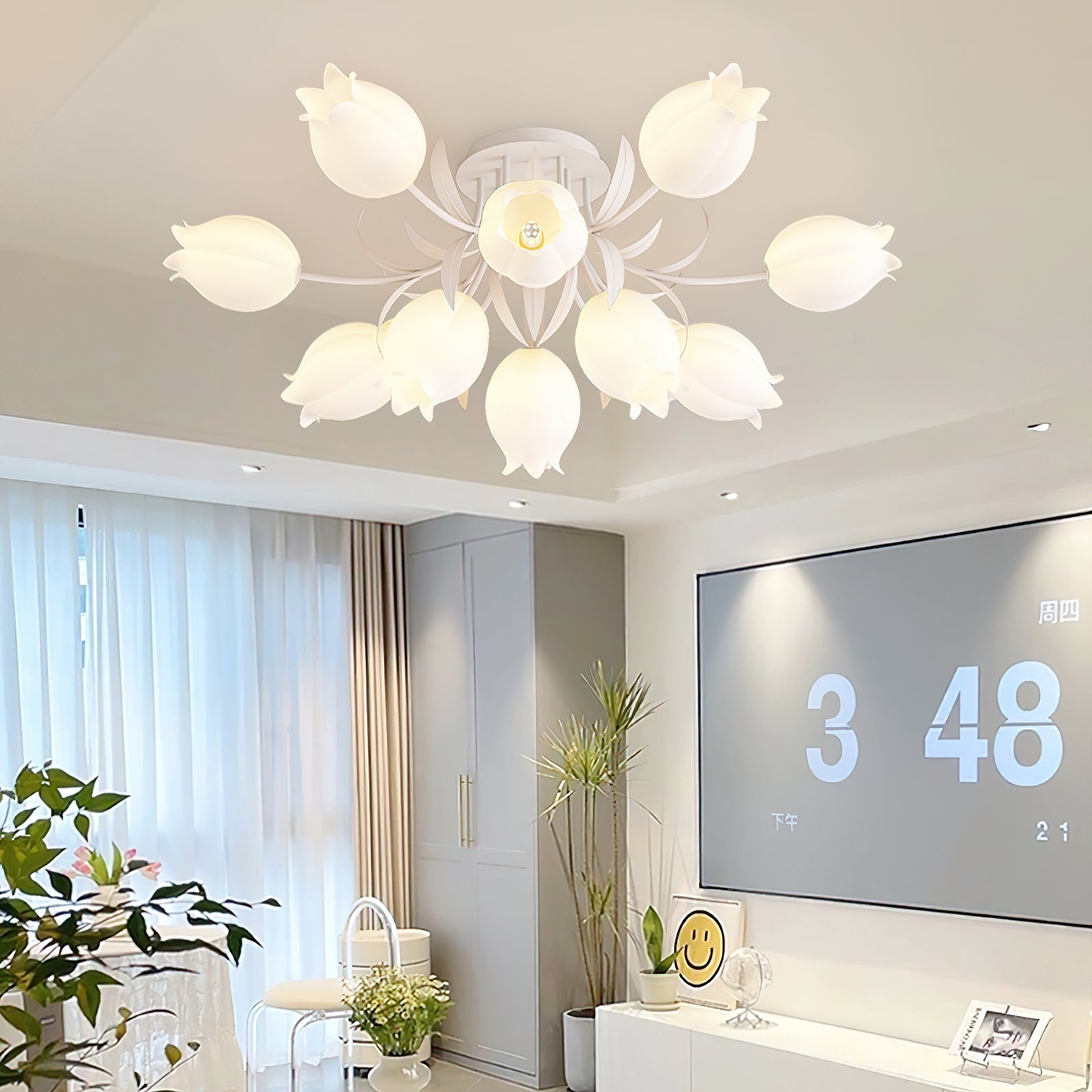 Floral Ceiling Lamp with Cream-White Lily Shades – Iron Frame