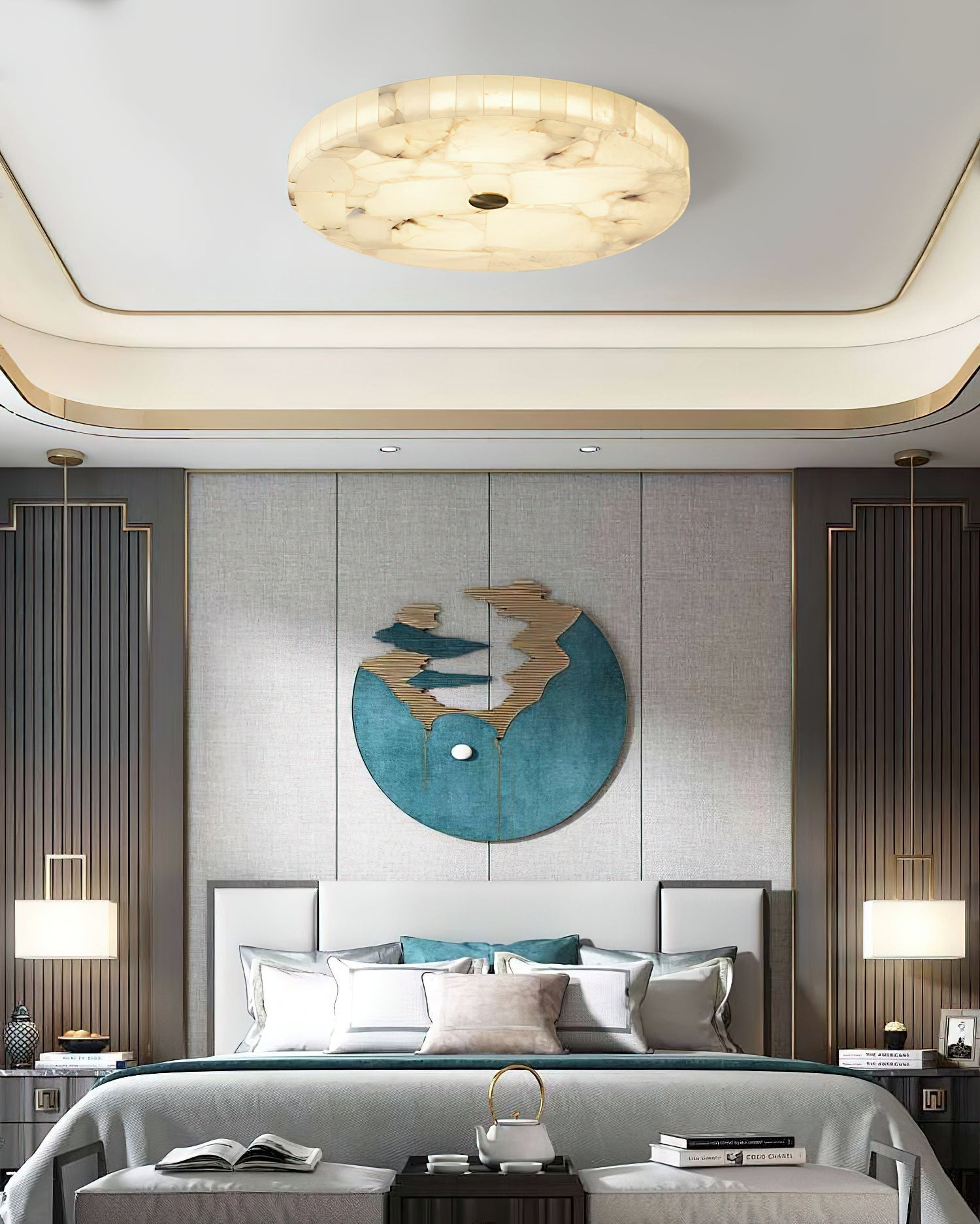Alabaster Mosaic Ceiling Light – Round Flush Mount Fixture