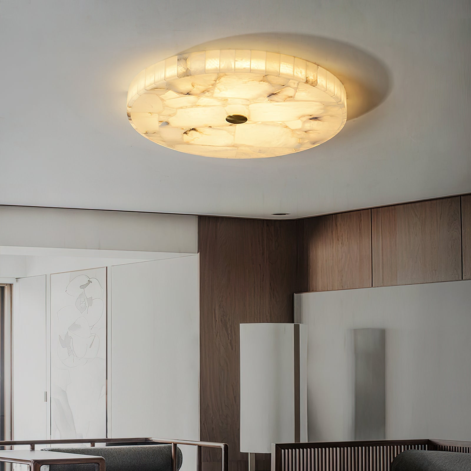 Alabaster Mosaic Ceiling Light – Round Flush Mount Fixture