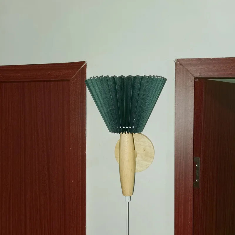 Pleated Fabric Shade Wall Sconce - Nordic Wooden Wall Lamp