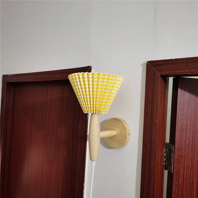 Pleated Fabric Shade Wall Sconce - Nordic Wooden Wall Lamp