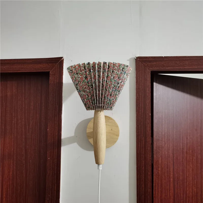 Pleated Fabric Shade Wall Sconce - Nordic Wooden Wall Lamp
