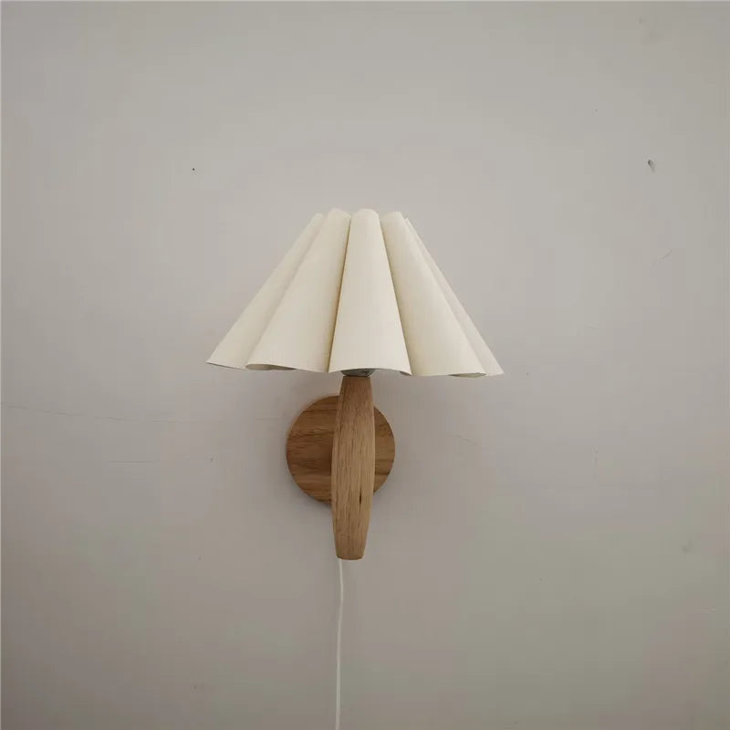 Pleated Fabric Shade Wall Sconce - Nordic Wooden Wall Lamp