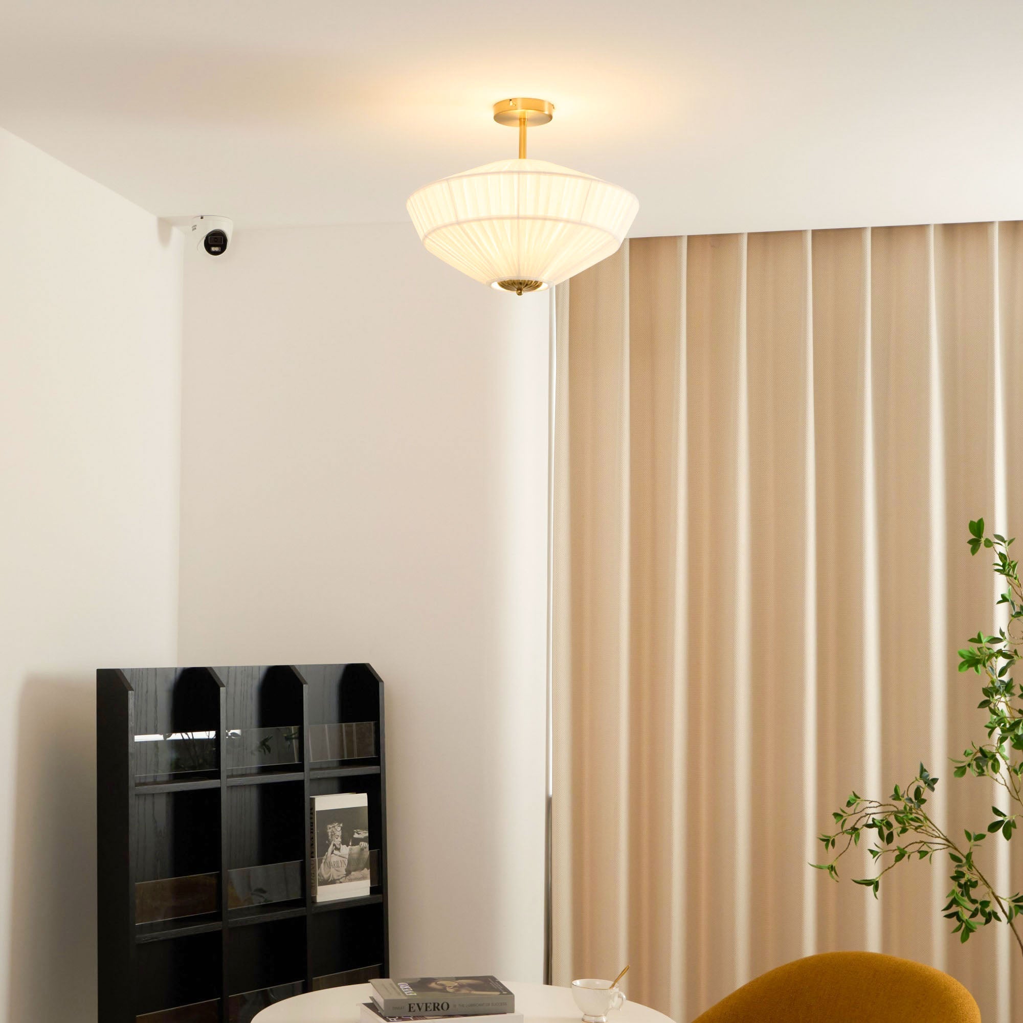 Ivory White Fabric Shade Ceiling Light – Flush Mount with Iron Base
