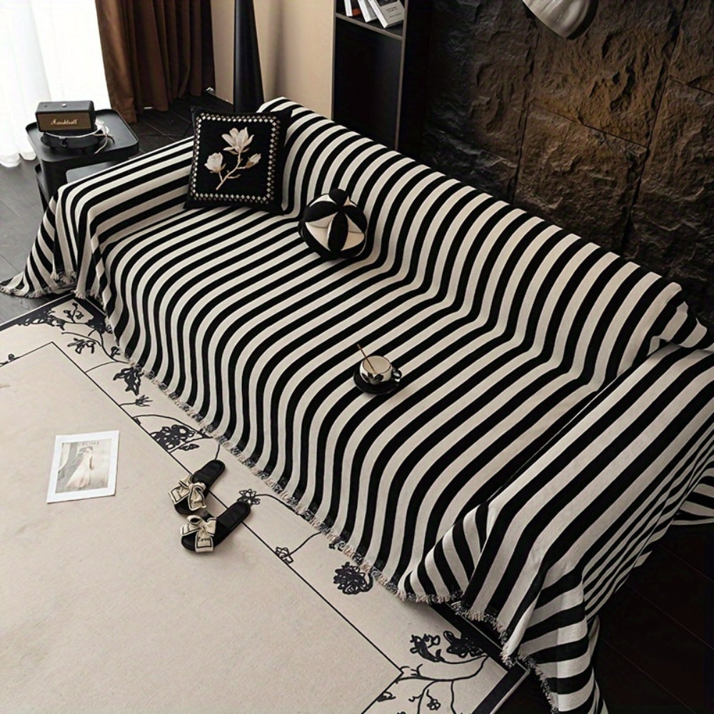 Cozy Black and White Striped Chenille Sofa Throw with Textured Weave