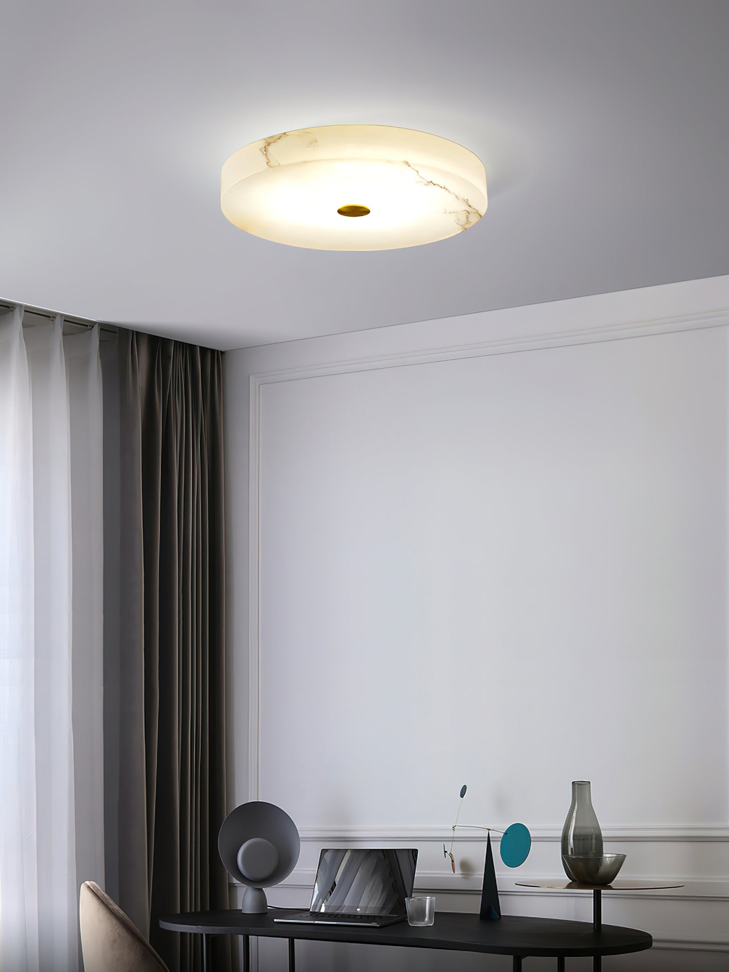 Alabaster Stone Ceiling Lamp – Warm Glow with Brass Accents