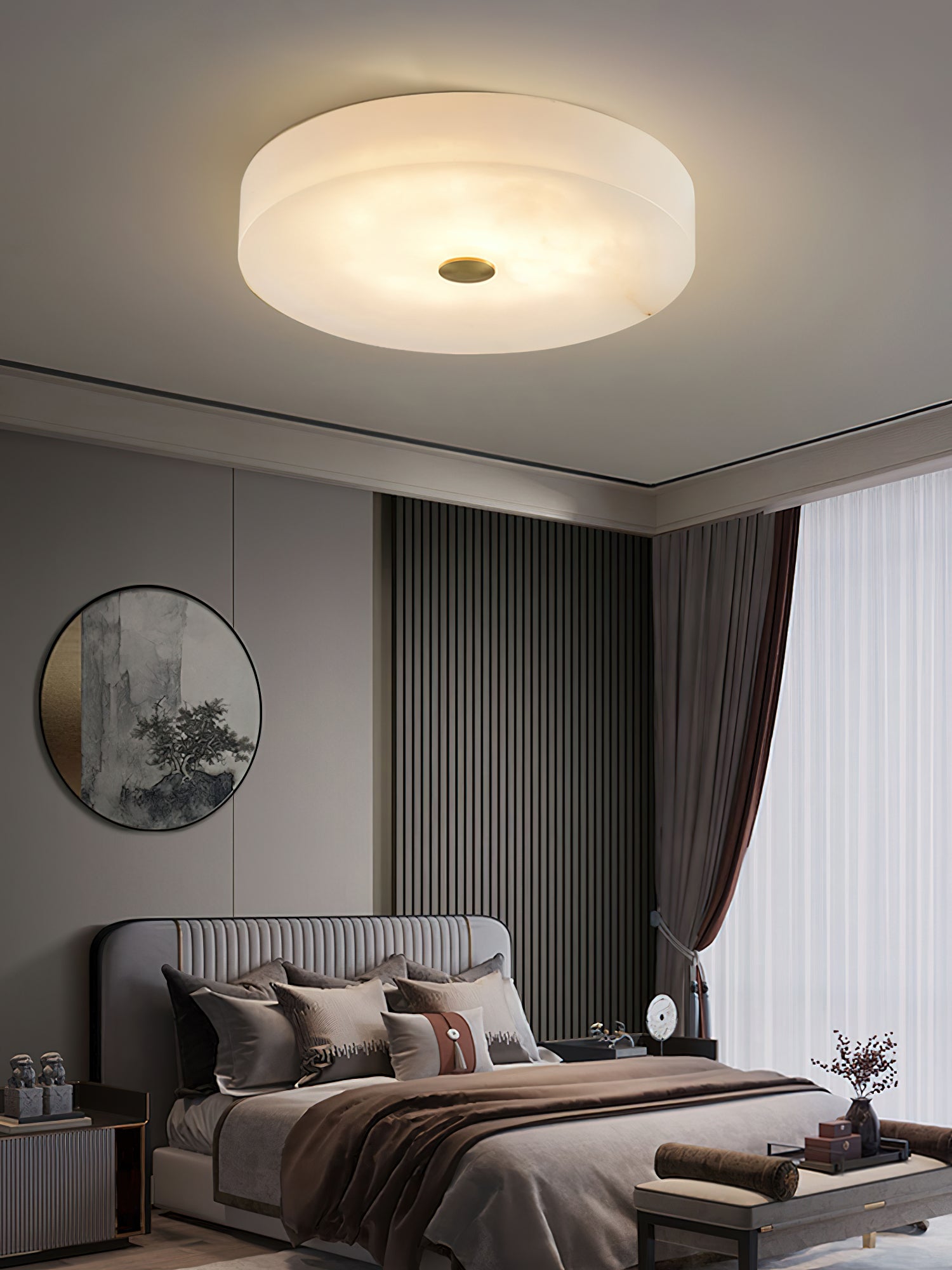 Alabaster Stone Ceiling Lamp – Warm Glow with Brass Accents