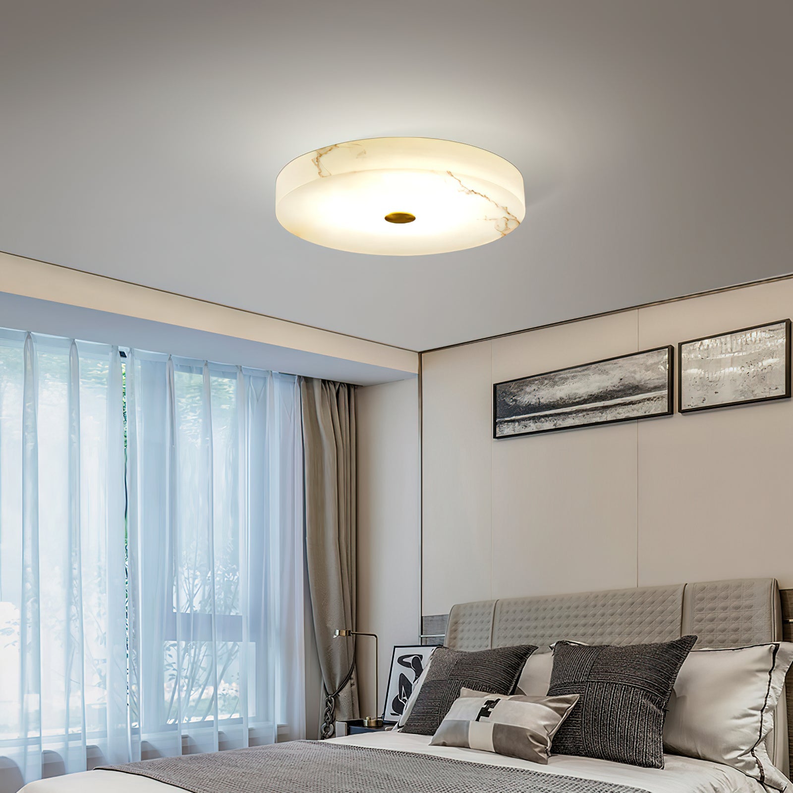 Alabaster Stone Ceiling Lamp – Warm Glow with Brass Accents