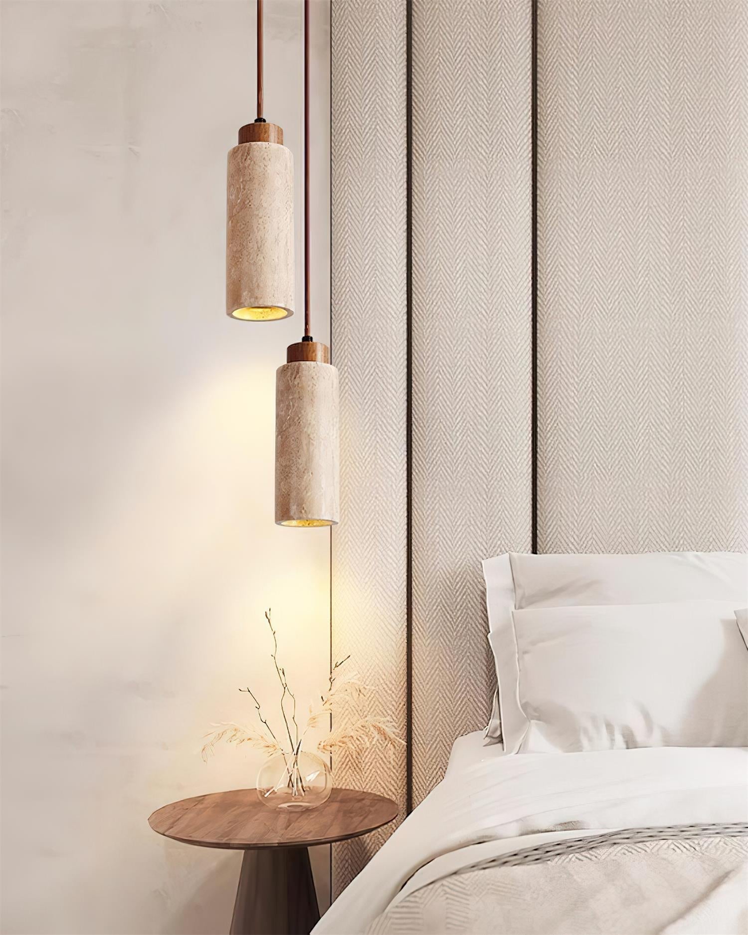 Stylish Wood & Travertine Ceiling Pendant – Adjustable Hanging Light