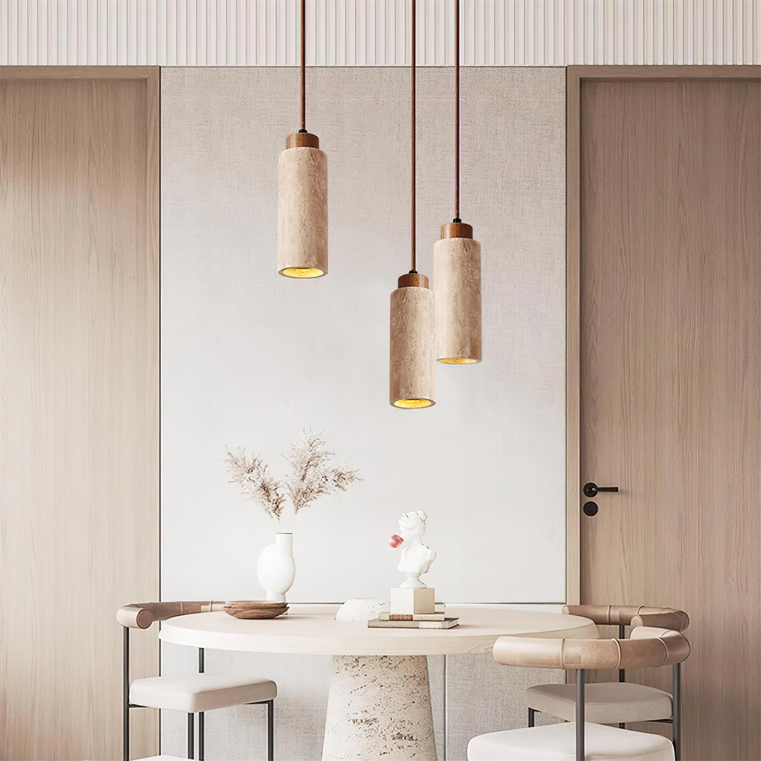 Stylish Wood & Travertine Ceiling Pendant – Adjustable Hanging Light