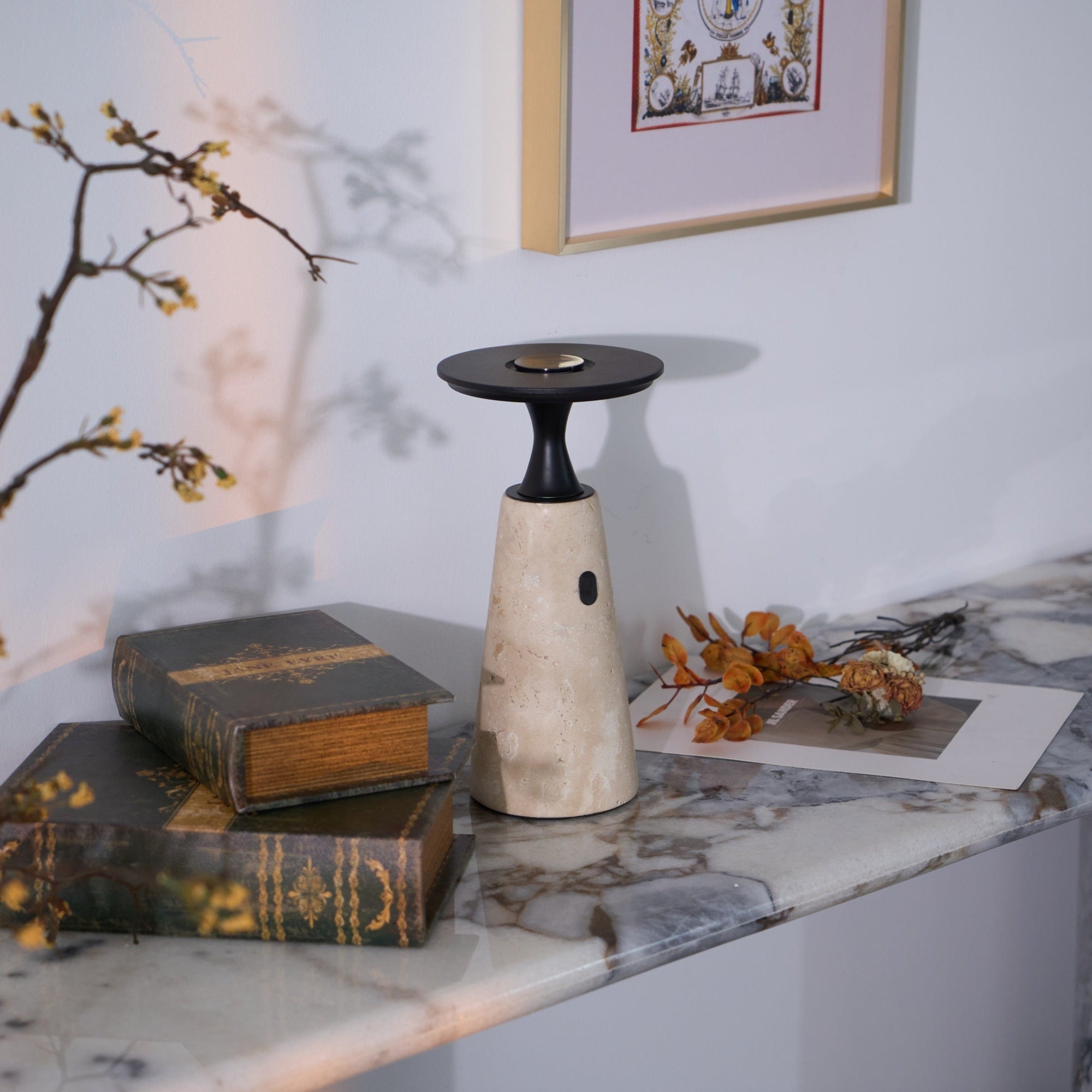 Portable Travertine LED Table Lamp – Touch Control, USB Rechargeable