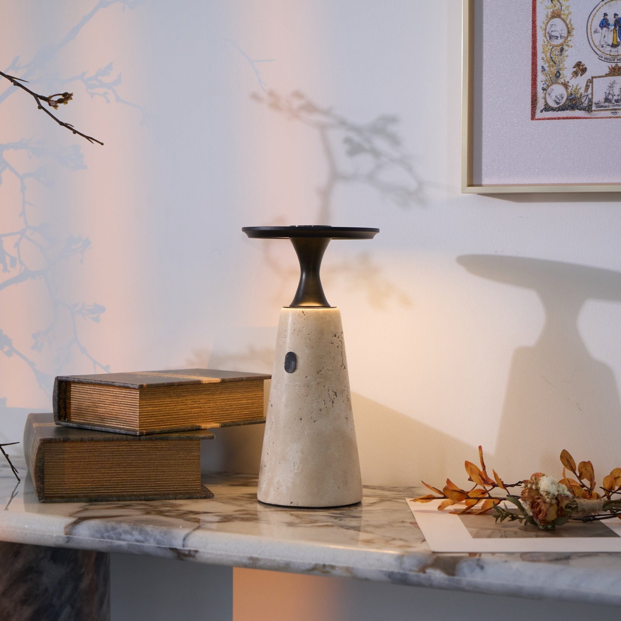 Portable Travertine LED Table Lamp – Touch Control, USB Rechargeable