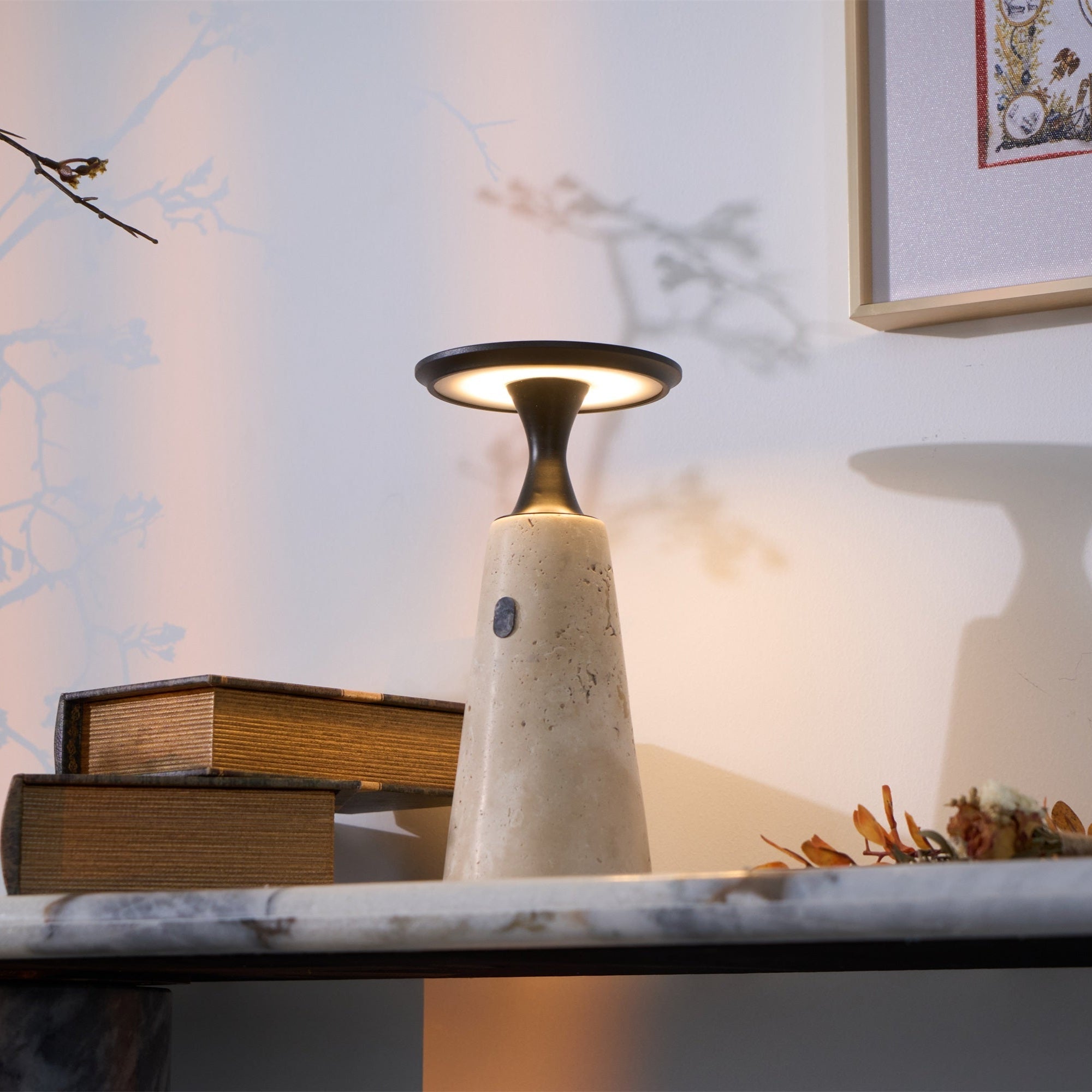 Portable Travertine LED Table Lamp – Touch Control, USB Rechargeable