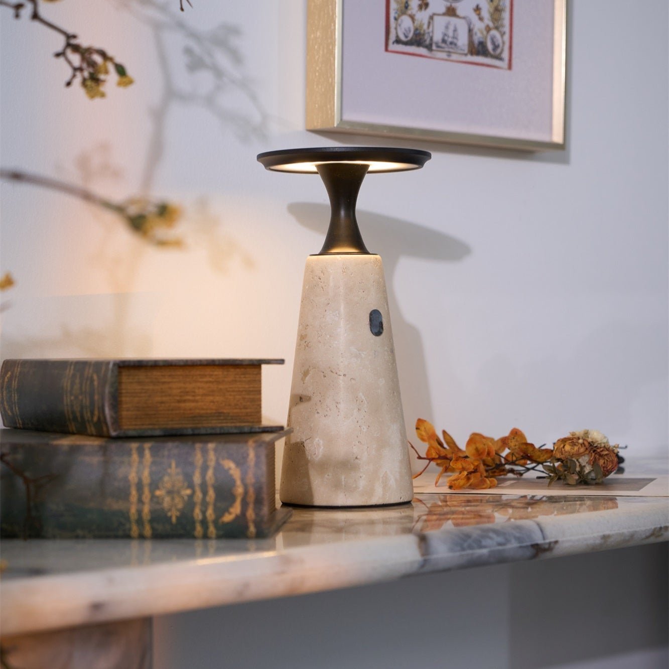Portable Travertine LED Table Lamp – Touch Control, USB Rechargeable