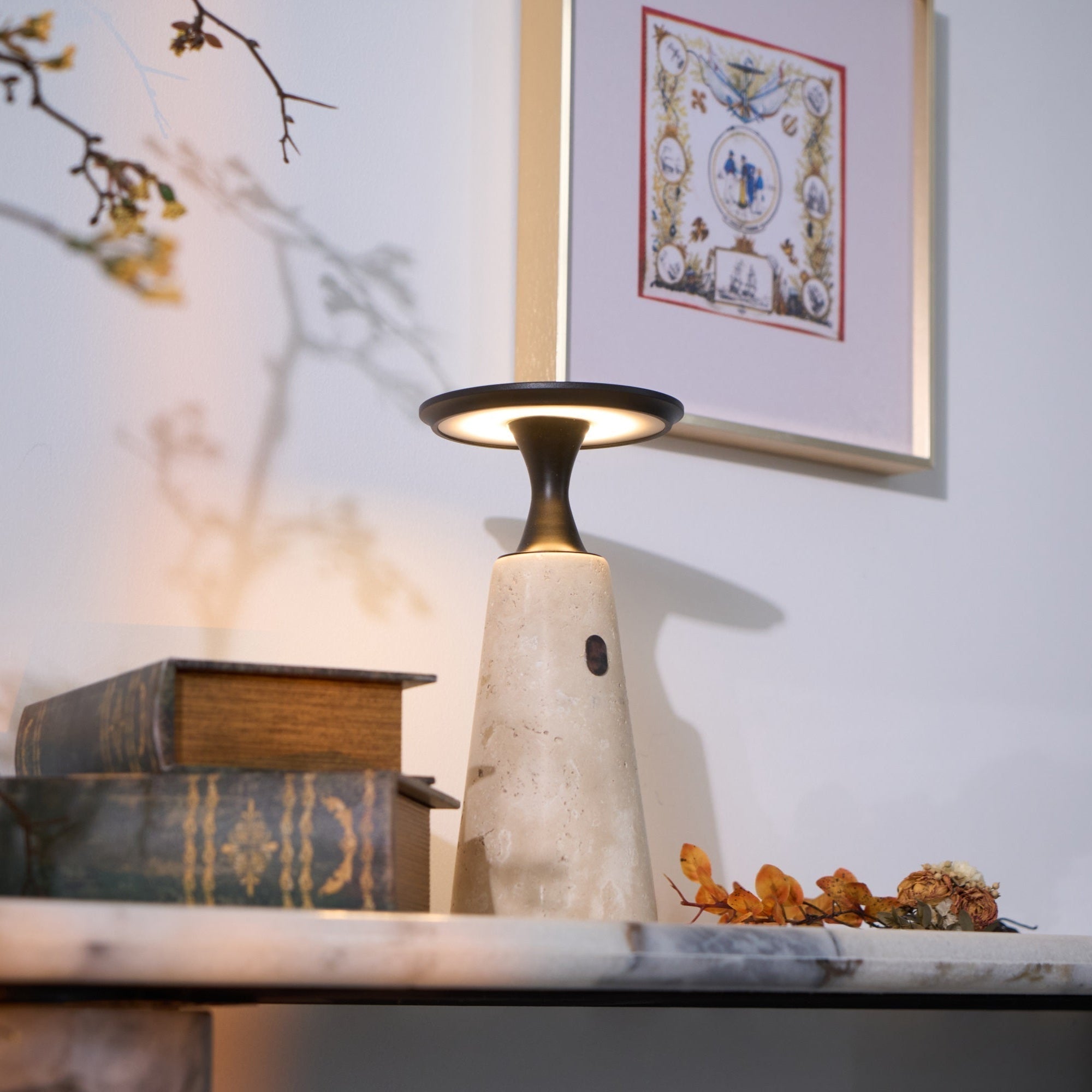Portable Travertine LED Table Lamp – Touch Control, USB Rechargeable