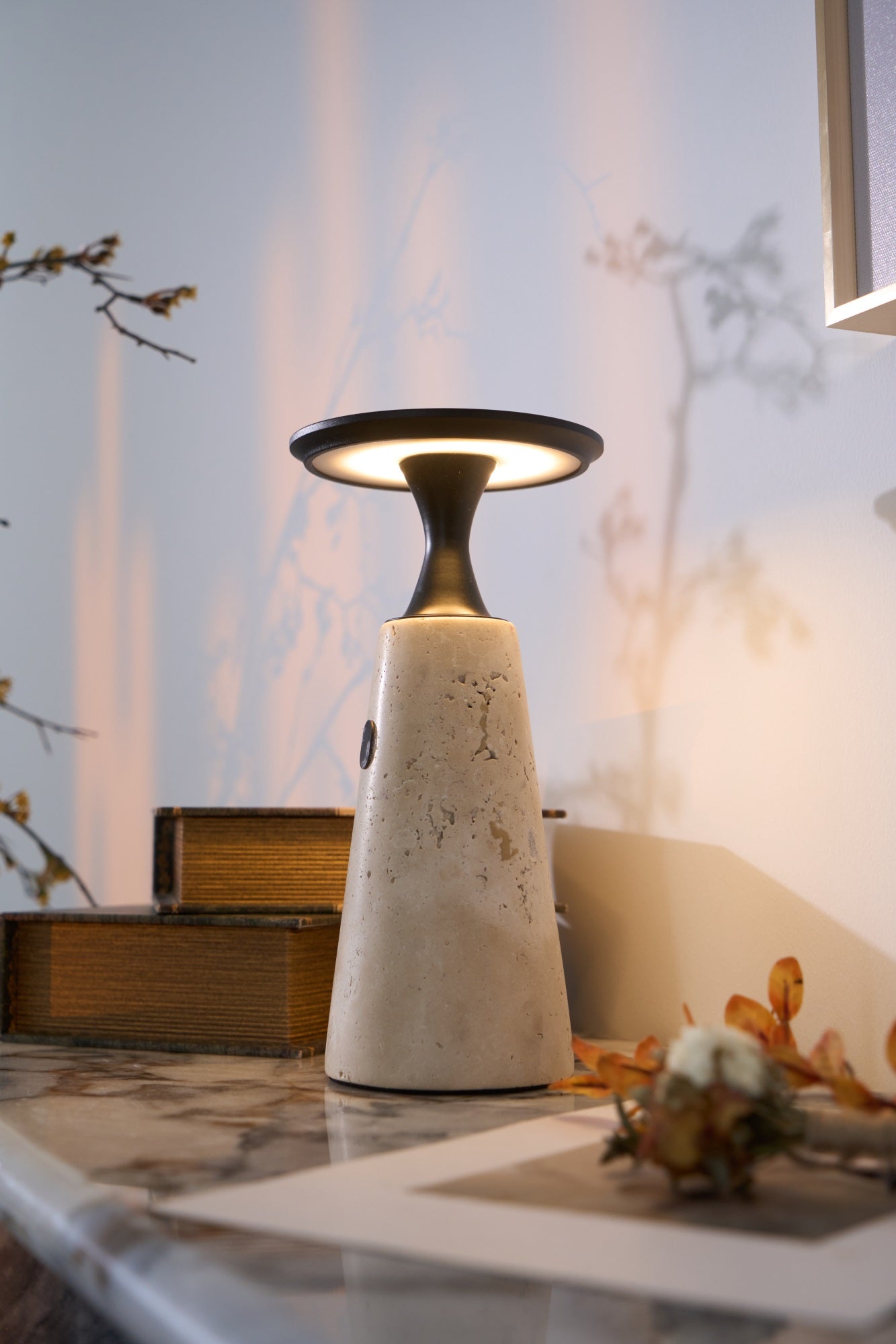 Portable Travertine LED Table Lamp – Touch Control, USB Rechargeable