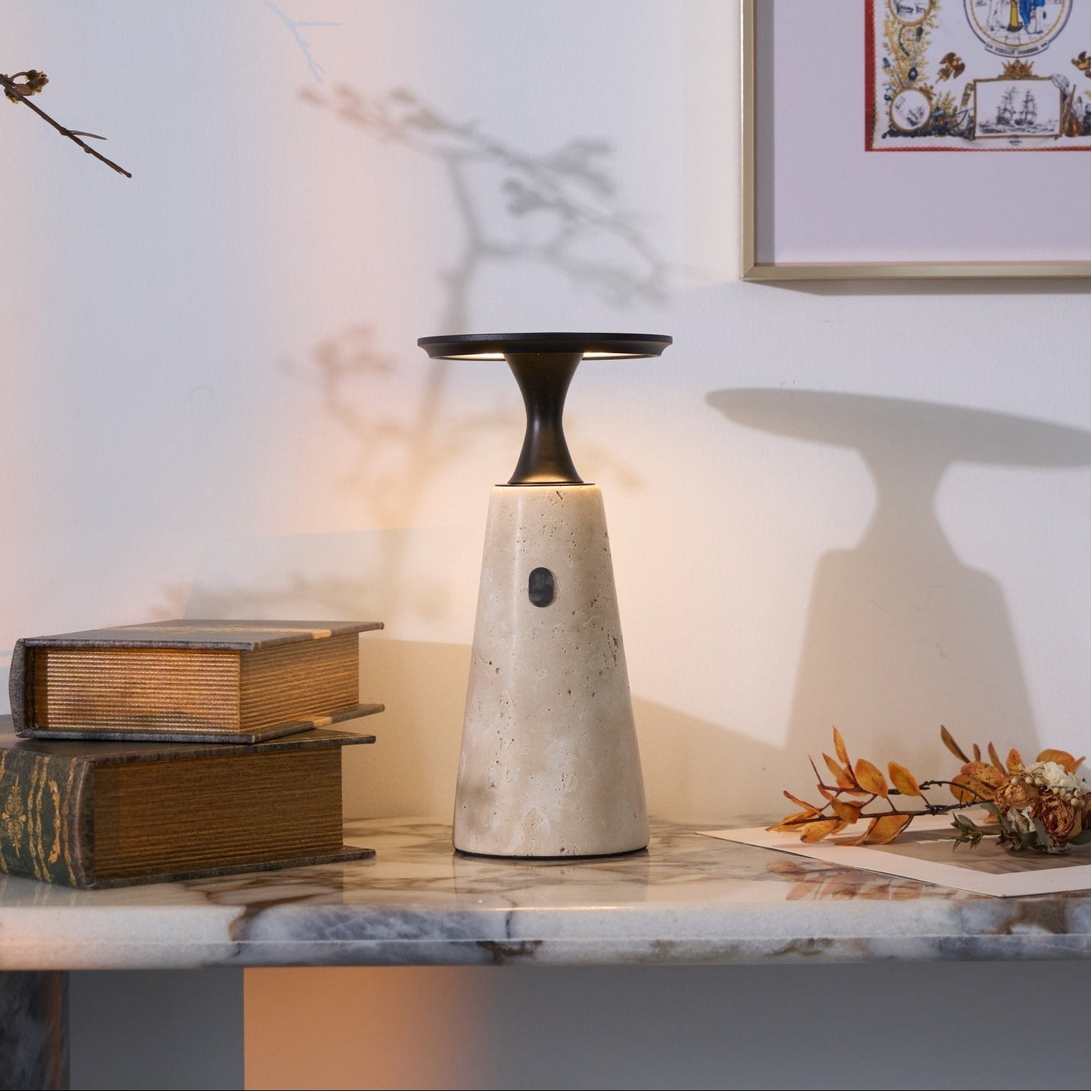 Portable Travertine LED Table Lamp – Touch Control, USB Rechargeable