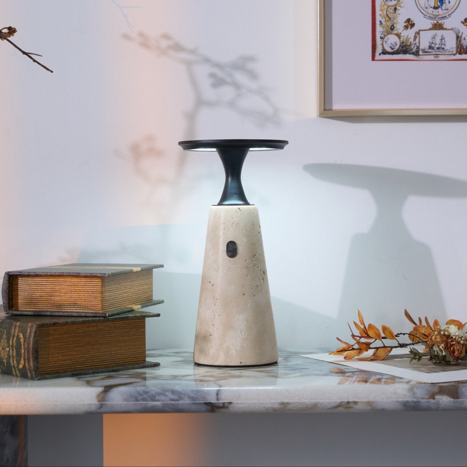 Portable Travertine LED Table Lamp – Touch Control, USB Rechargeable