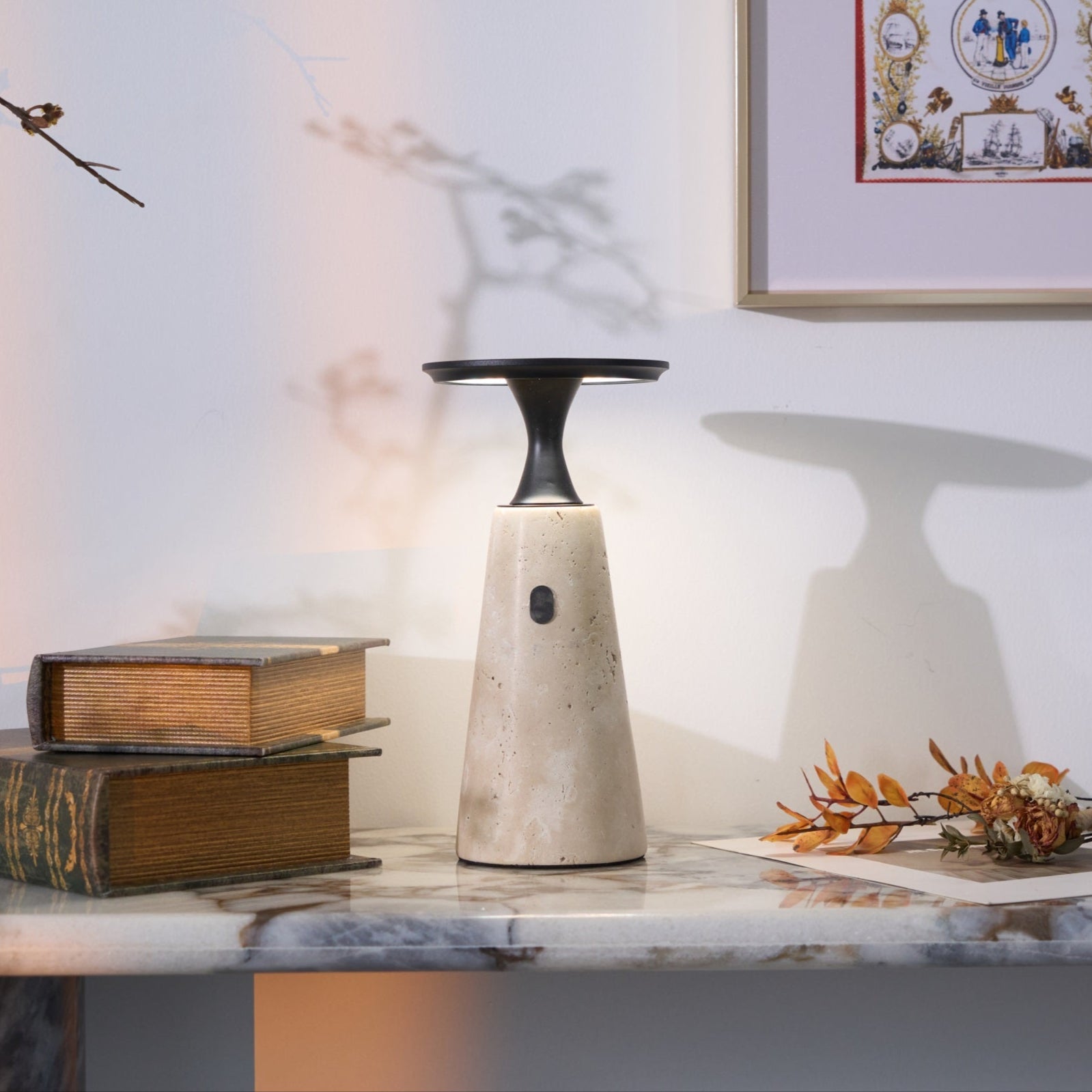 Portable Travertine LED Table Lamp – Touch Control, USB Rechargeable