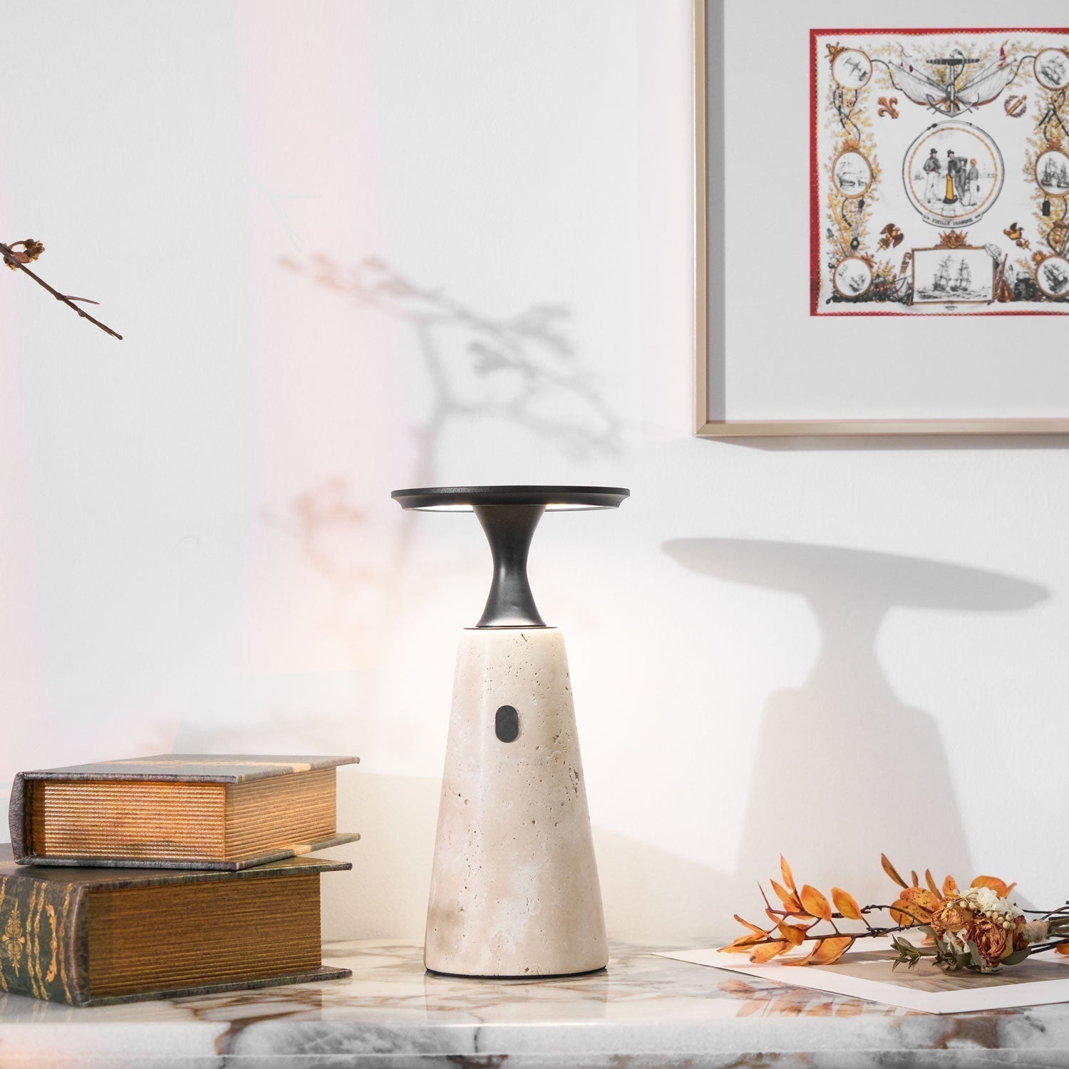 Portable Travertine LED Table Lamp – Touch Control, USB Rechargeable