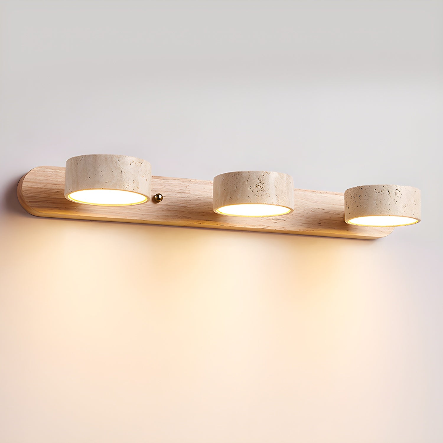 Contemporary Vanity Wall Lamp – Travertine and Wood Combination with LED Lighting