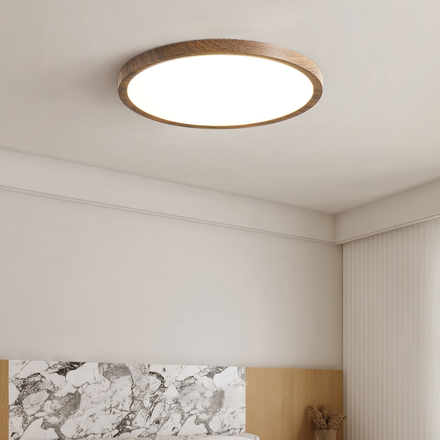 Contemporary Slim LED Ceiling Lamp – Metal & Acrylic Flush Mount in Walnut Finish