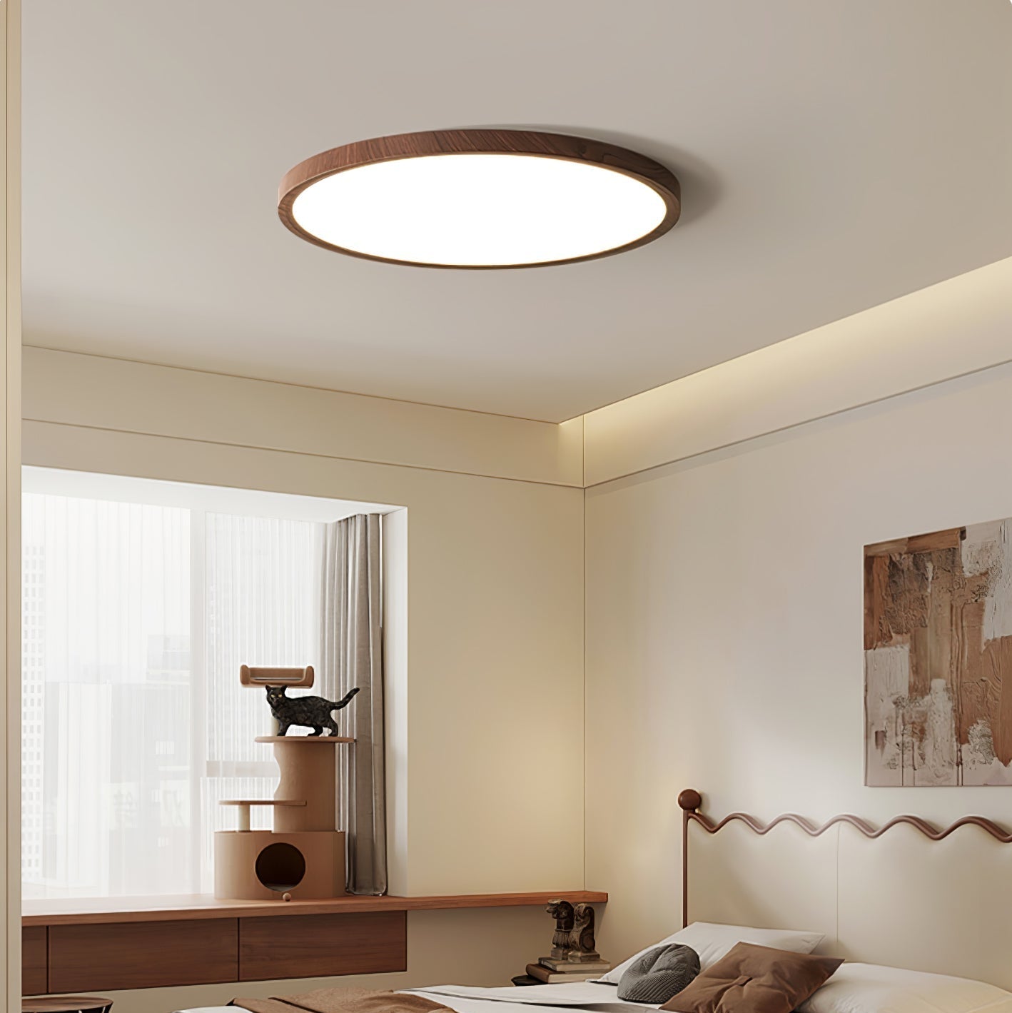 Contemporary Slim LED Ceiling Lamp – Metal & Acrylic Flush Mount in Walnut Finish
