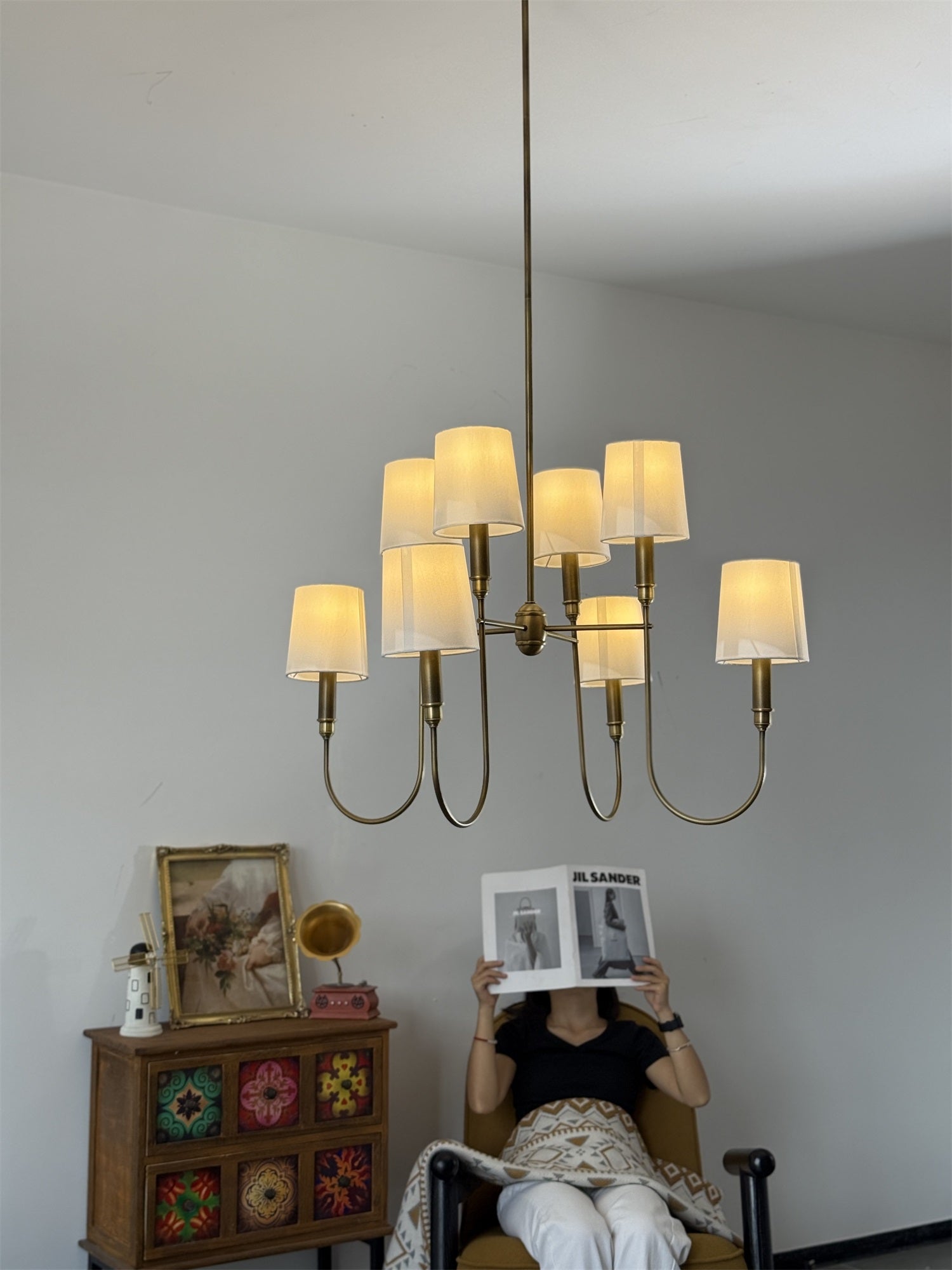 Rod Iron Chandelier with Fabric Shade – Traditional Pendant Lamp