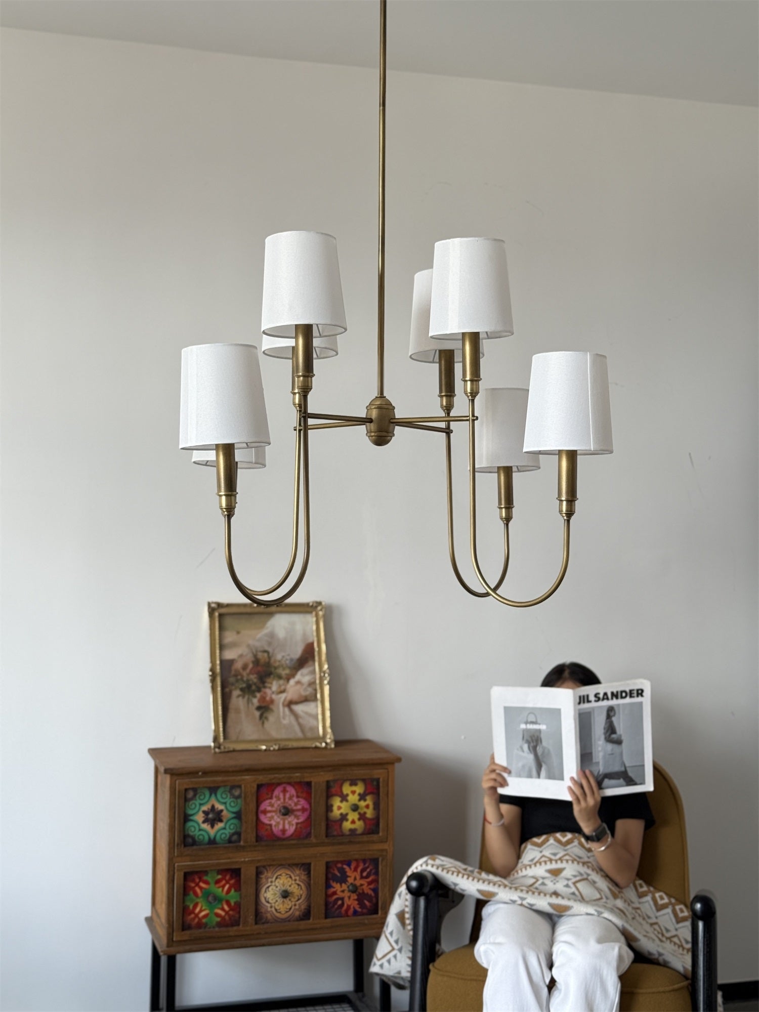 Rod Iron Chandelier with Fabric Shade – Traditional Pendant Lamp