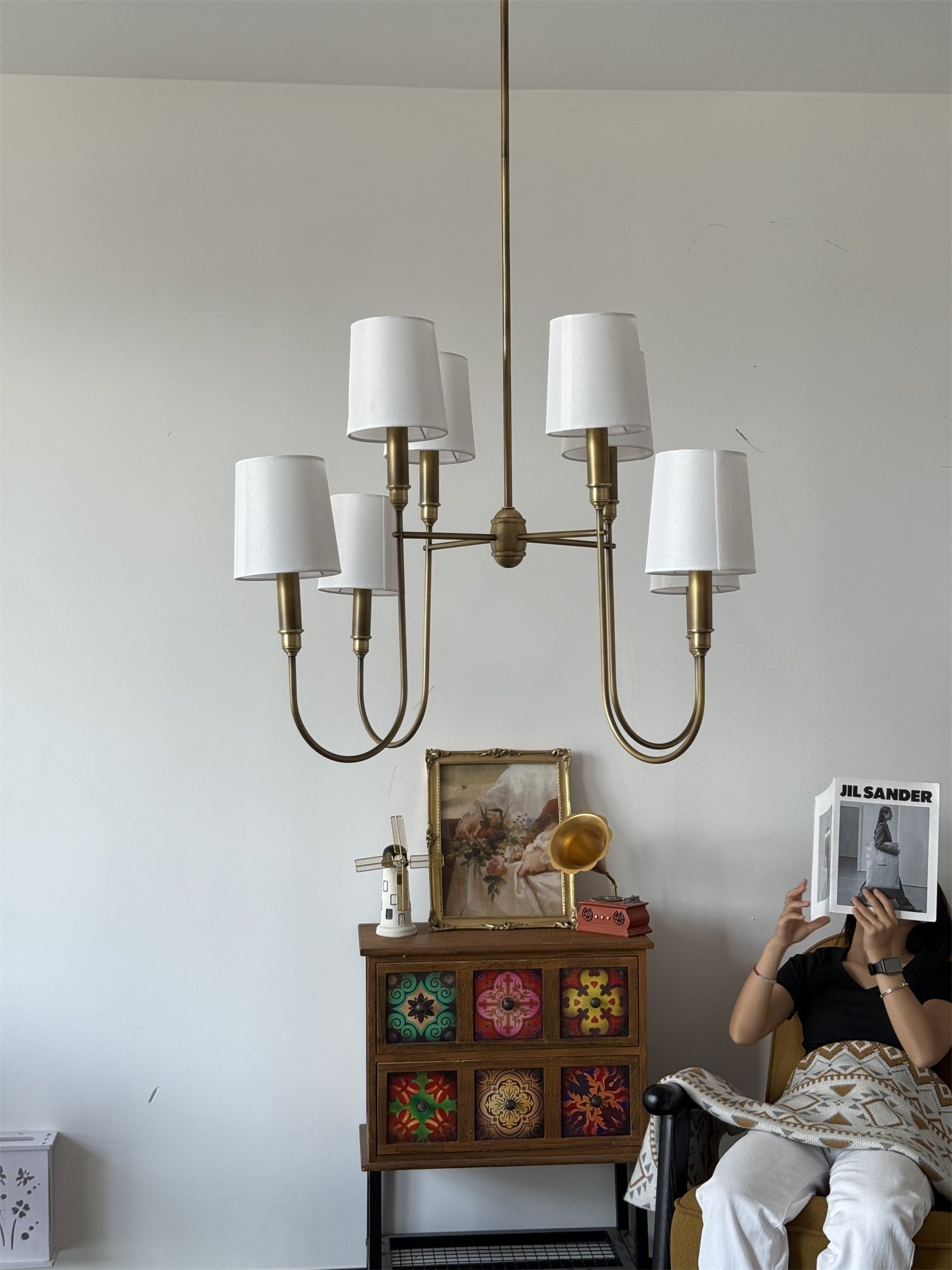 Rod Iron Chandelier with Fabric Shade – Traditional Pendant Lamp